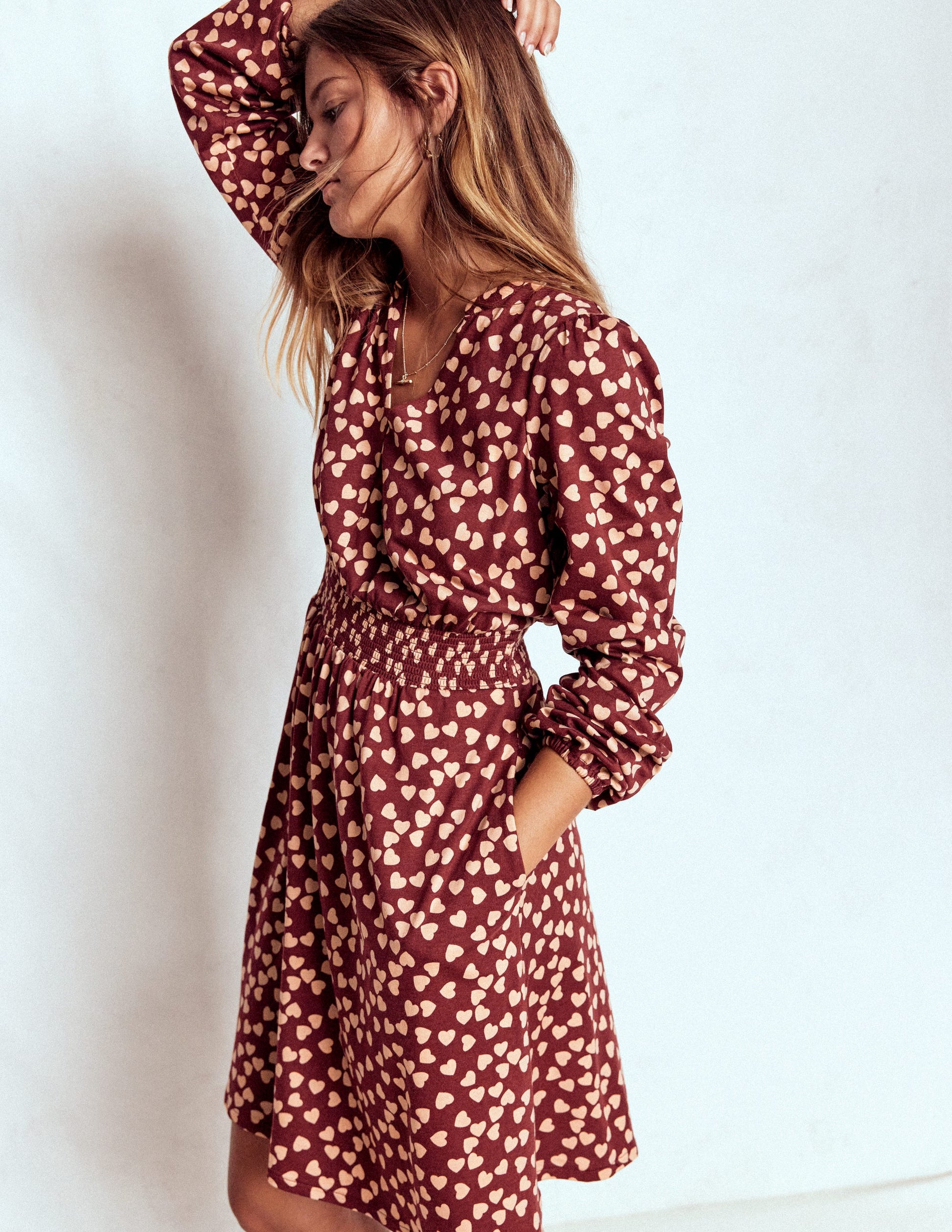 Sarah Short Jersey Dress-Chestnut, Heart Cascade-4