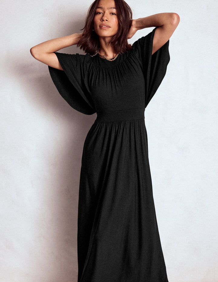 Yoke Panel Maxi Dress-Black
