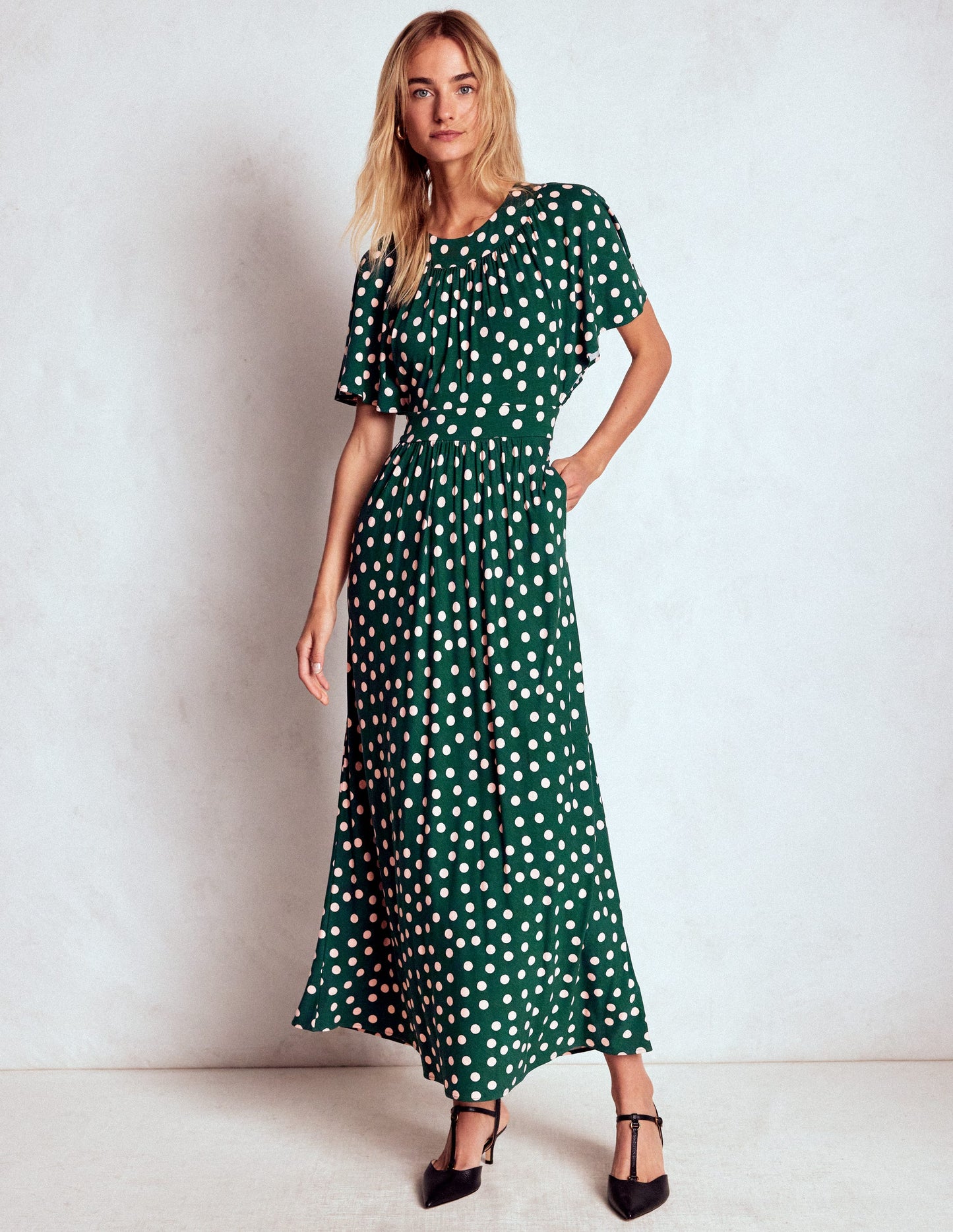 Yoke Panel Maxi Dress-Emerald Night, Painted Dot