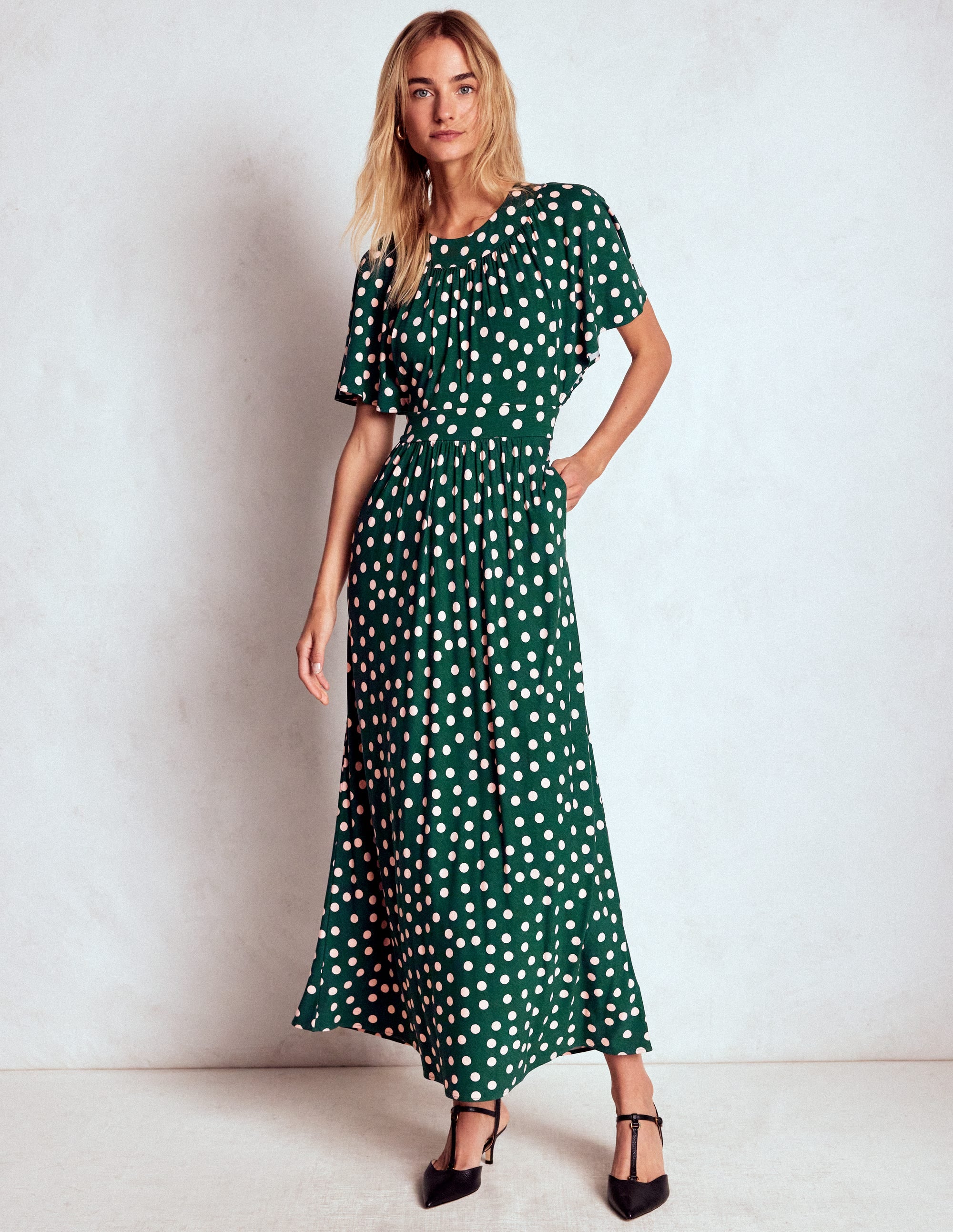 Yoke Panel Maxi Dress-Emerald Night, Painted Dot - Image 1