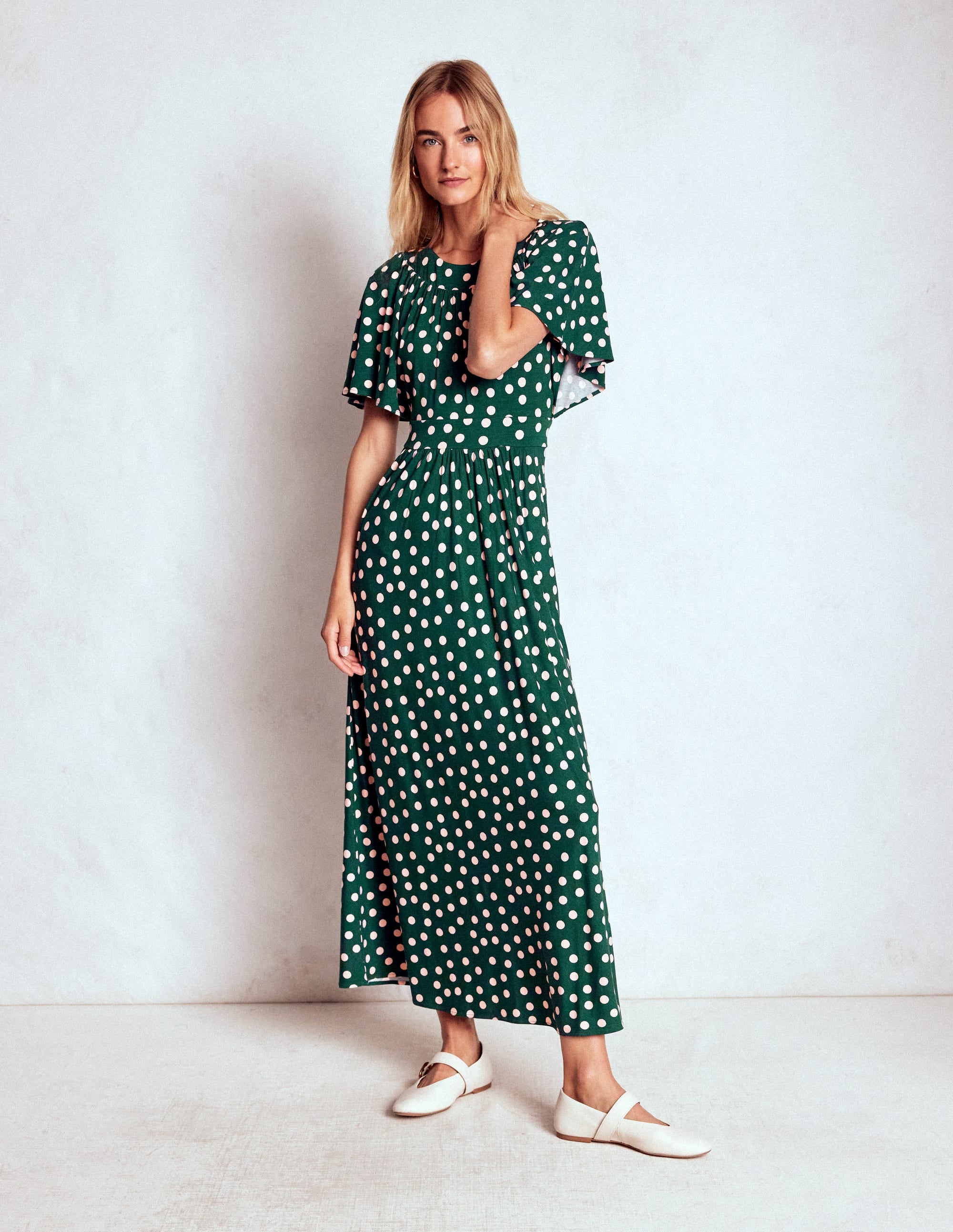 Yoke Panel Maxi Dress-Emerald Night, Painted Dot - Image 4