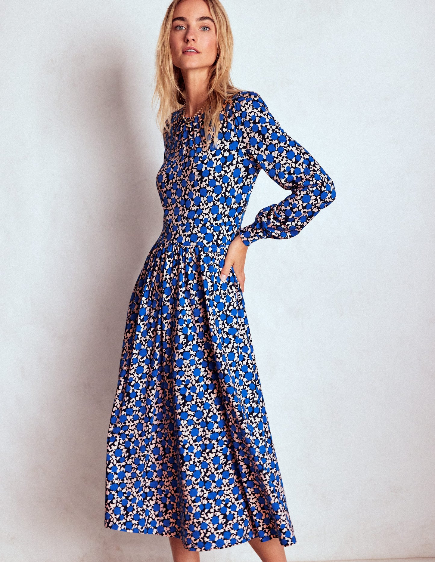 Alexandra Jersey Midi Dress-Kingfisher Blue, Floweret Vine