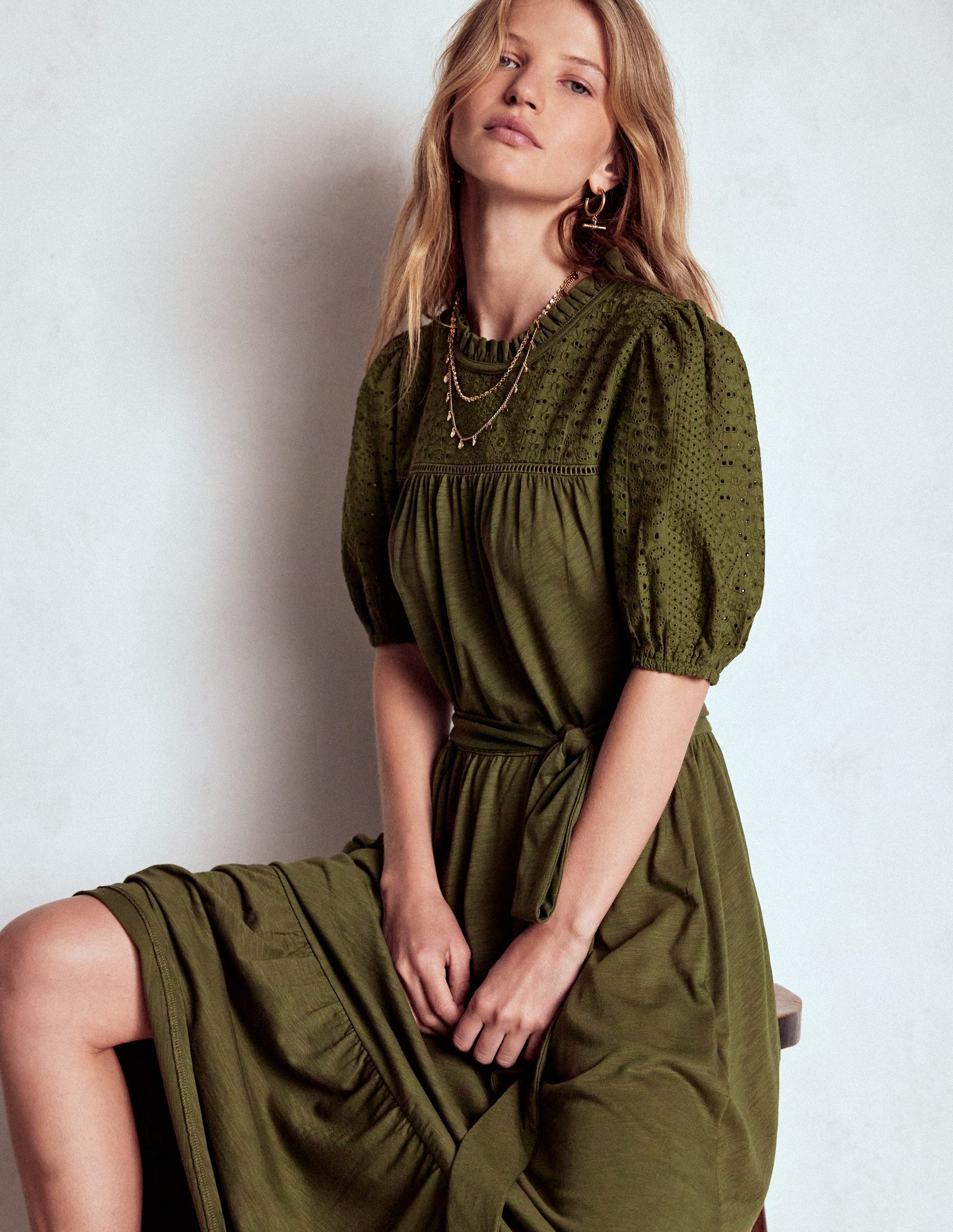 Lorelei Broderie Jersey Dress-Woodland Green | Boden UK Lorelei Broderie Jersey Dress-Woodland Green | Boden UK