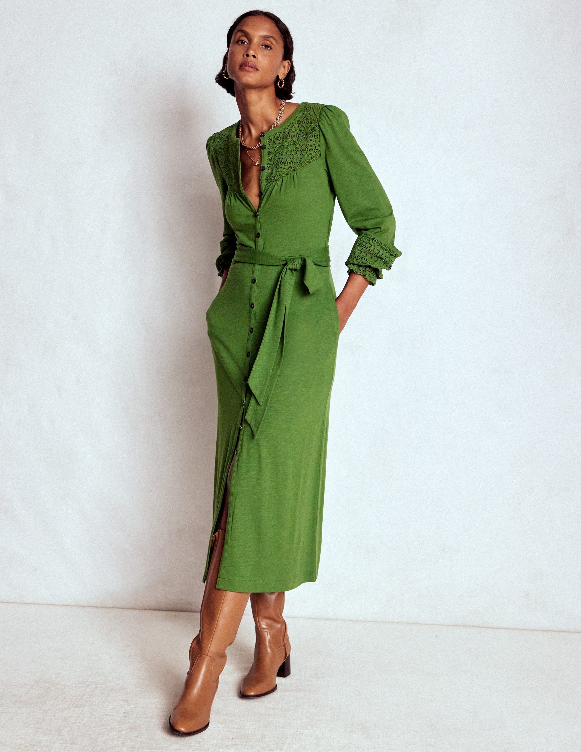 Pippa Broderie Jersey Dress-Promenade Green-5