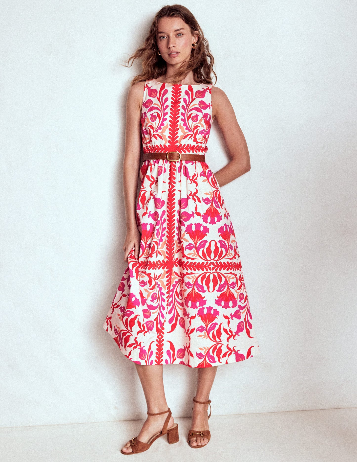 Lauren Cotton Midi Dress-Poppy Red, Elaborate Flora