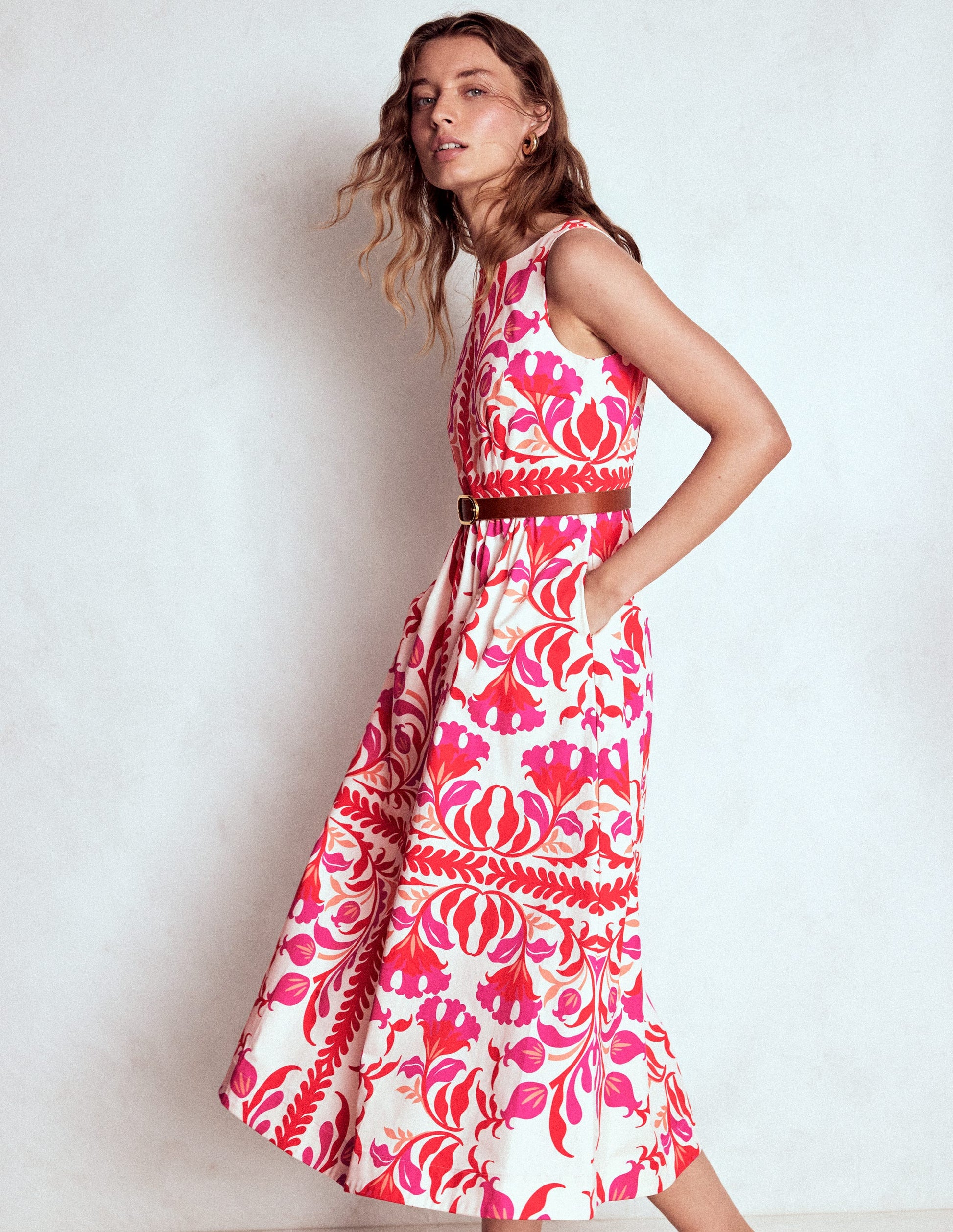 Lauren Cotton Midi Dress-Poppy Red, Elaborate Flora-5