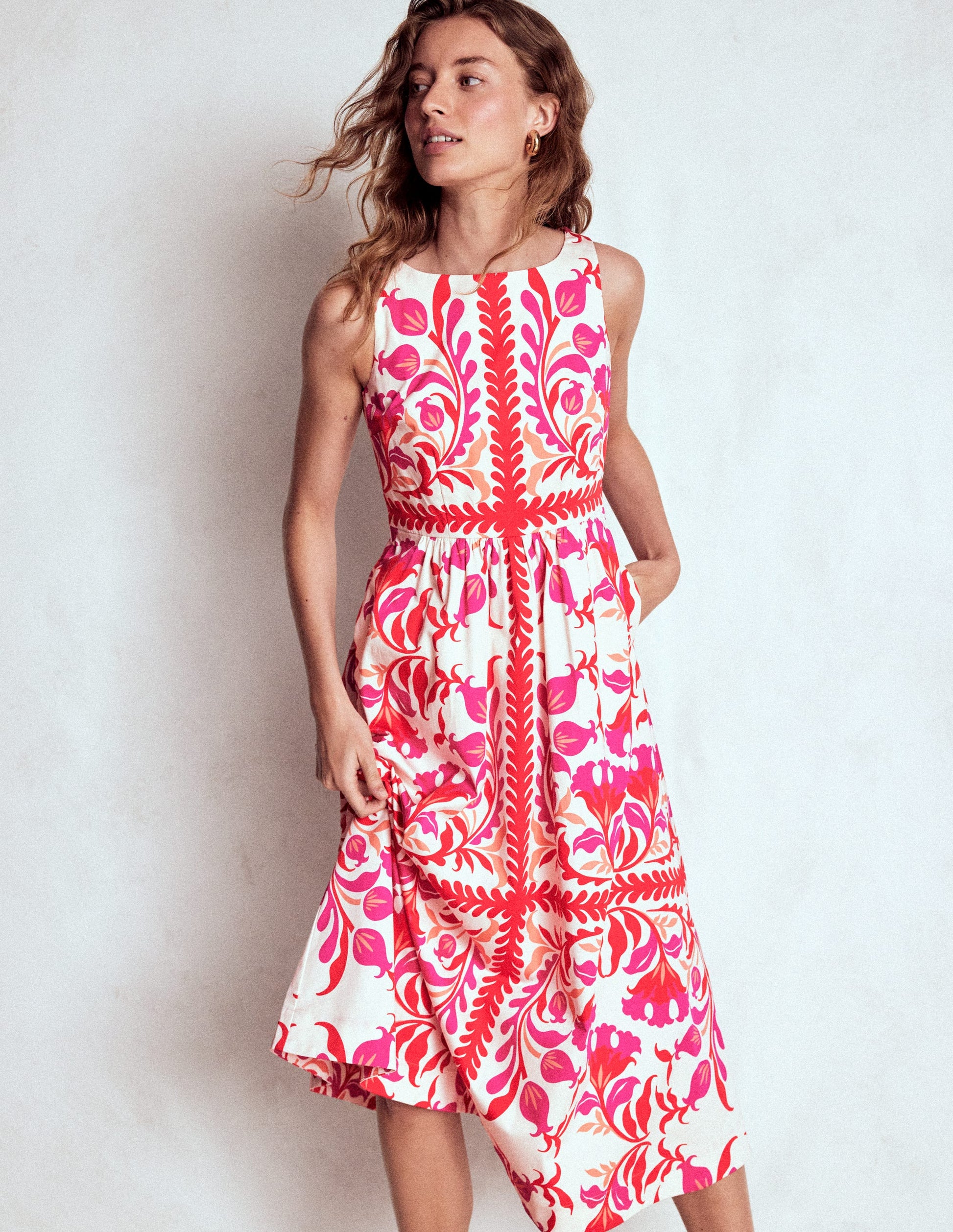 Lauren Cotton Midi Dress-Poppy Red, Elaborate Flora-6