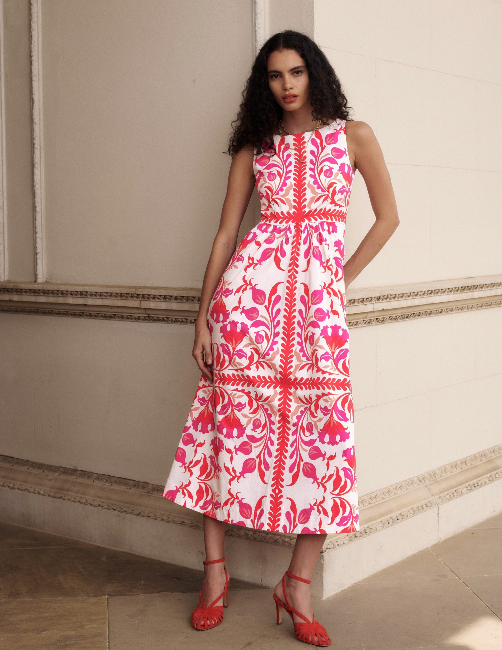 Lauren Cotton Midi Dress-Poppy Red, Elaborate Flora Boden UK