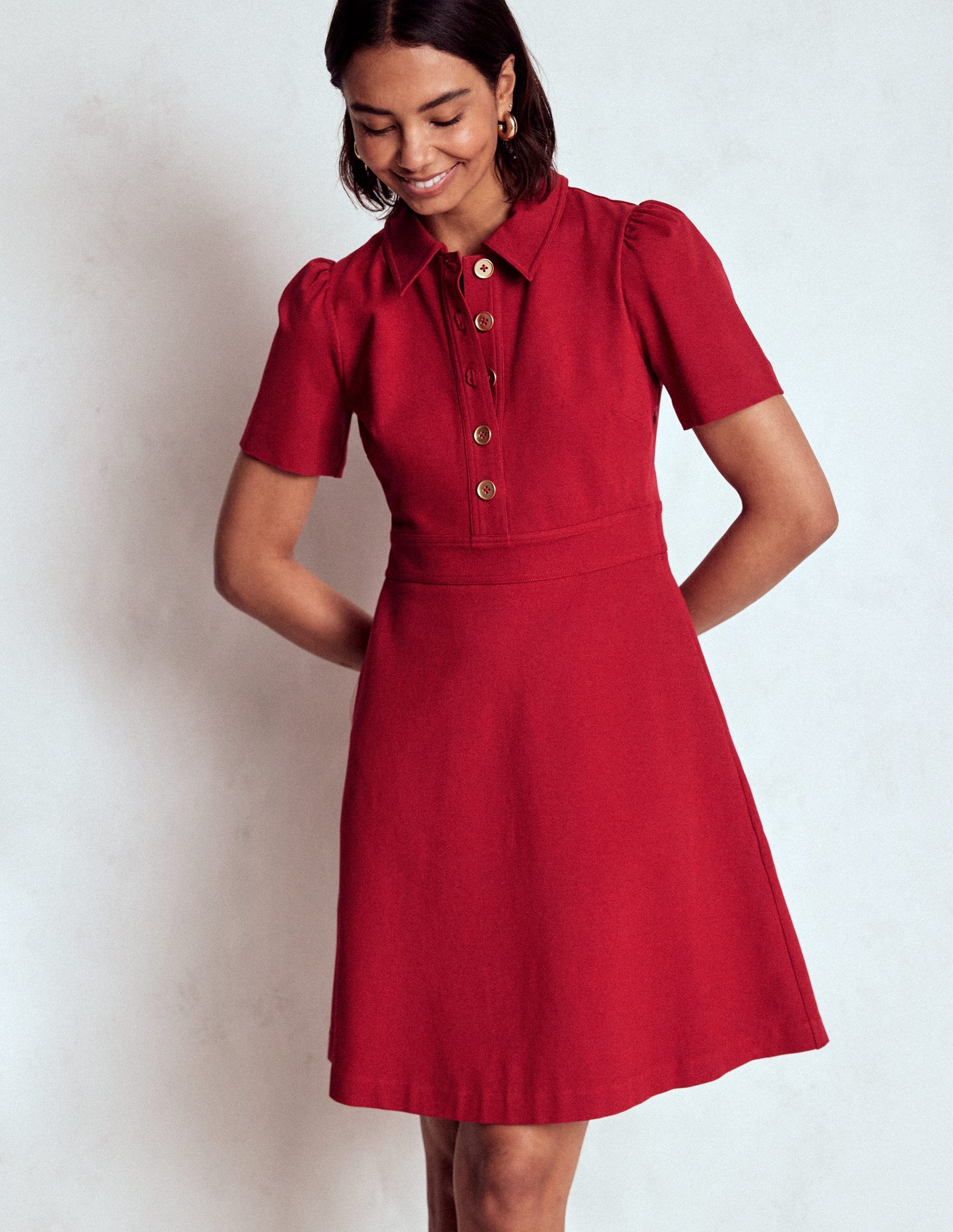 Nicolette Ponte Shirt Dress-Crimson Red