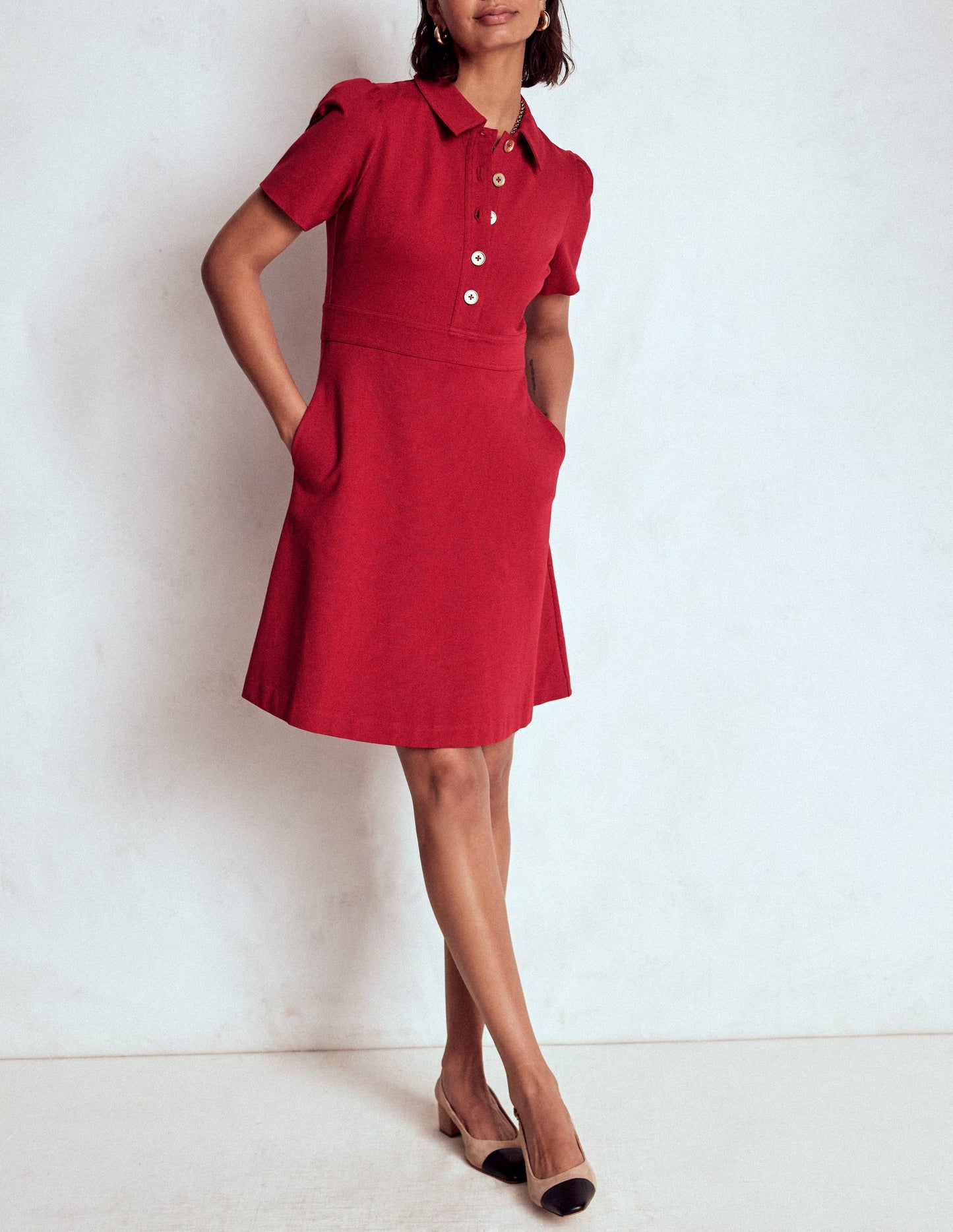 Nicolette Ponte Shirt Dress-Crimson Red