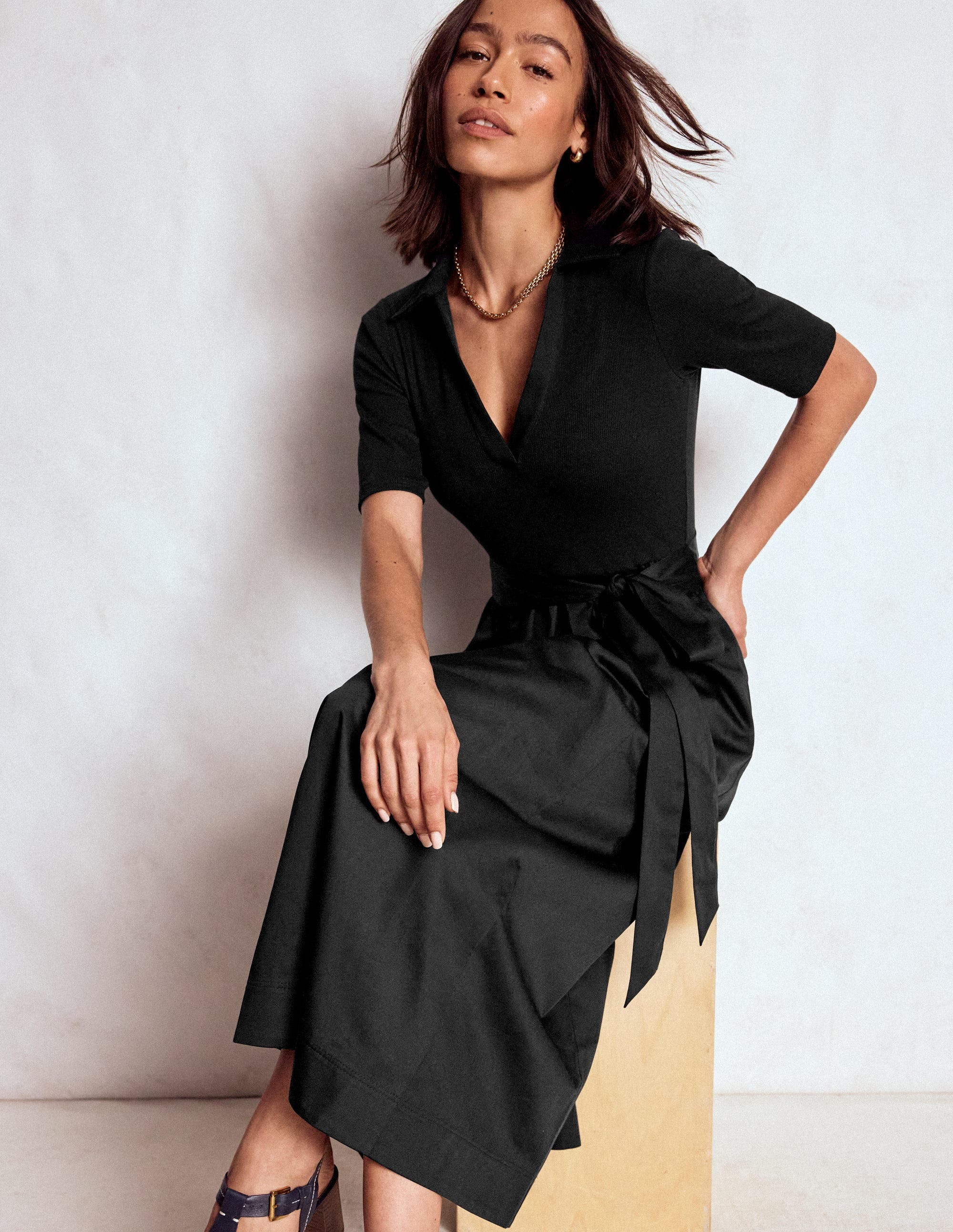 Collar Detail Mix Midi Dress-Black - Image 2