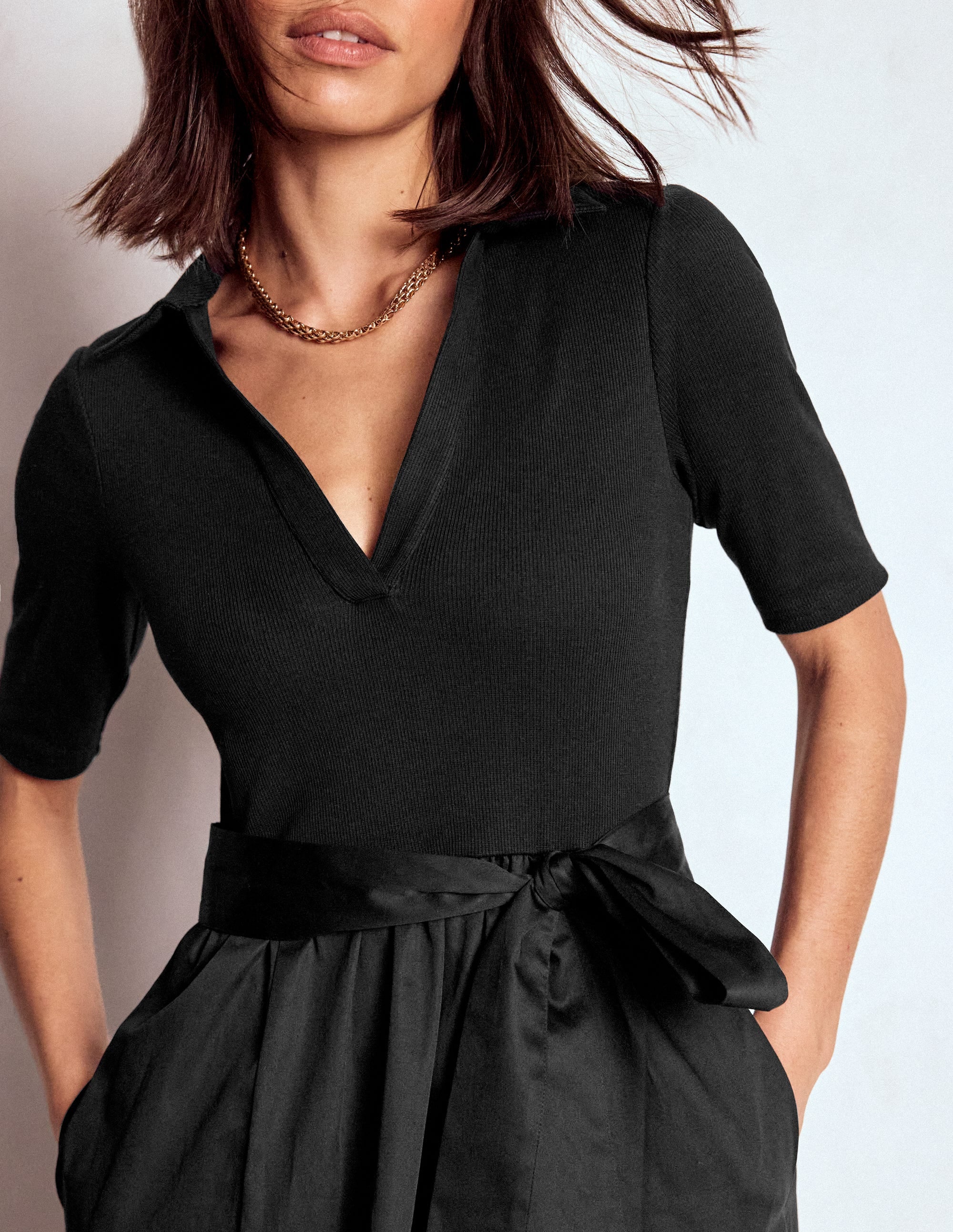 Collar Detail Mix Midi Dress-Black - Image 3