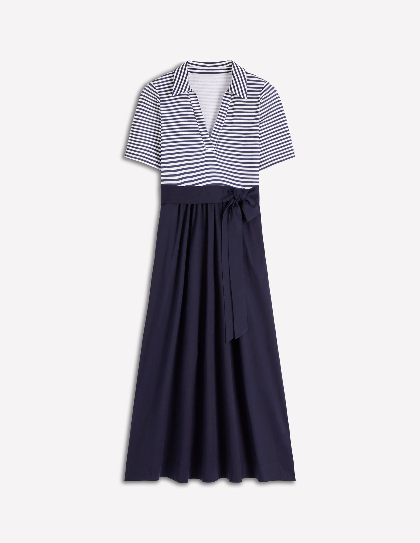 Collar Detail Mix Midi Dress-Navy, Ivory Stripe
