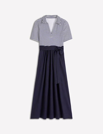 Collar Detail Mix Midi Dress-Navy, Ivory Stripe-7