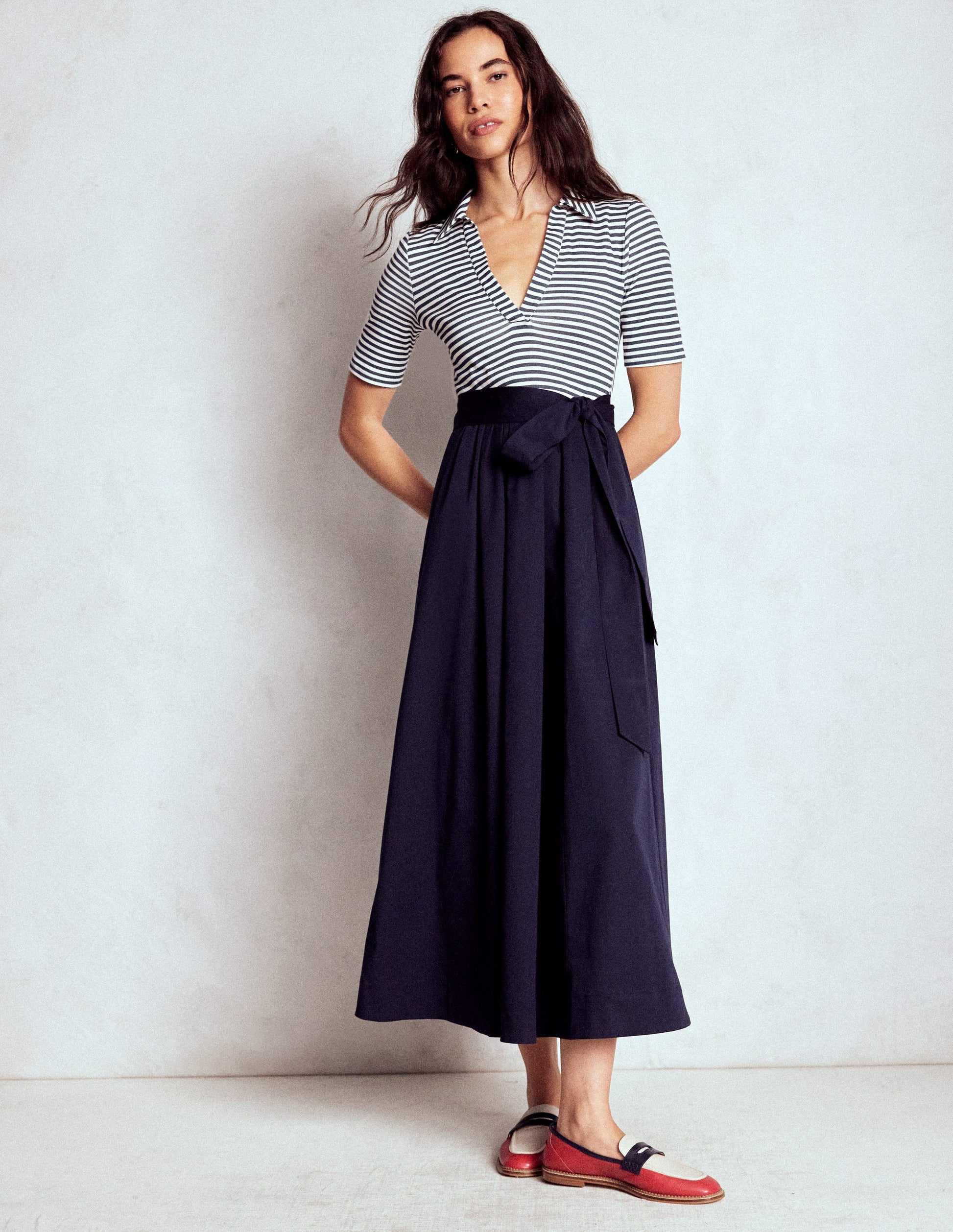 Collar Detail Mix Midi Dress-Navy, Ivory Stripe-1