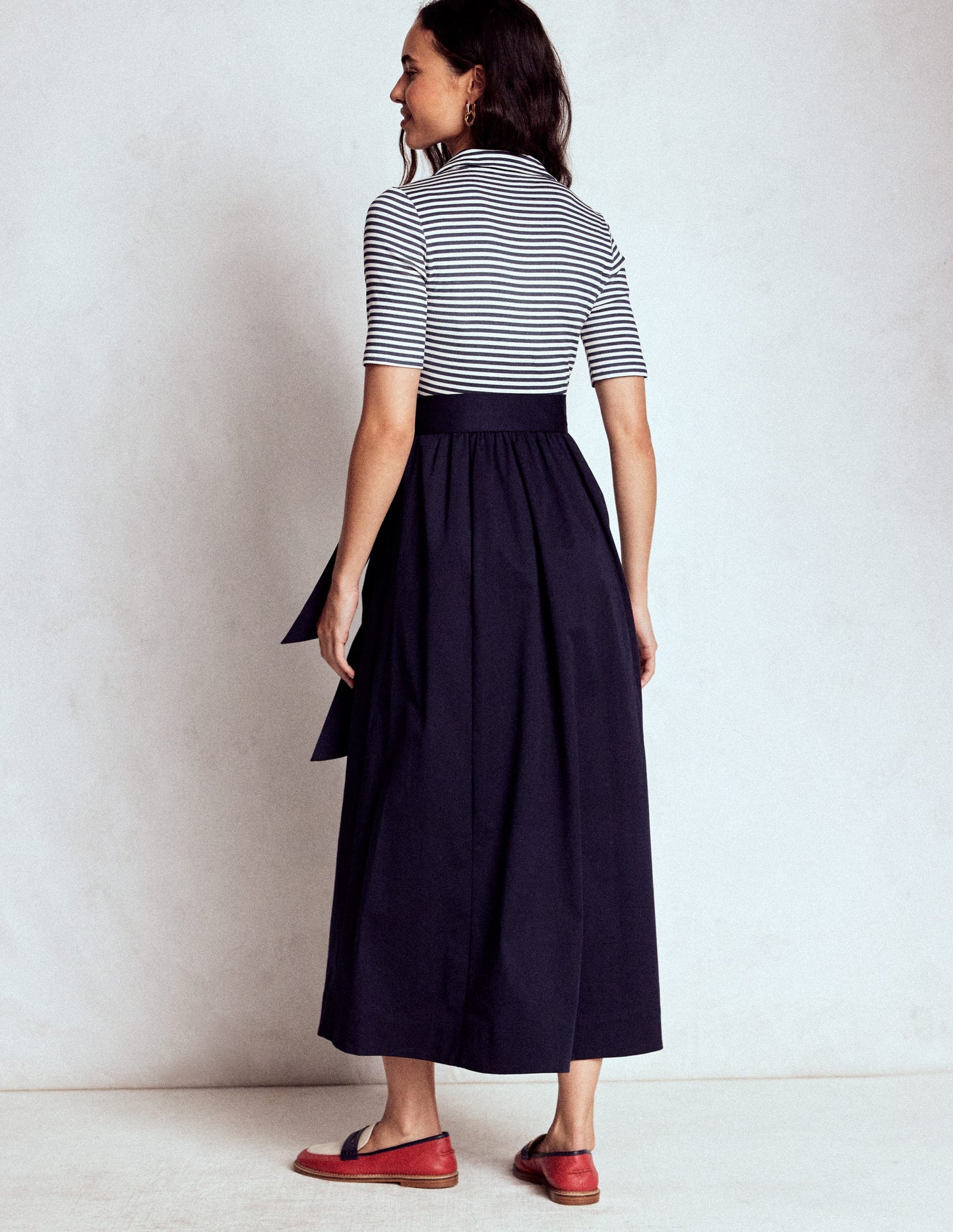 Collar Detail Mix Midi Dress-Navy, Ivory Stripe