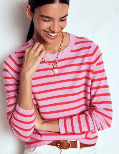 Eva Cashmere Crew Neck Jumper-Pink/ Orange Stripe-1