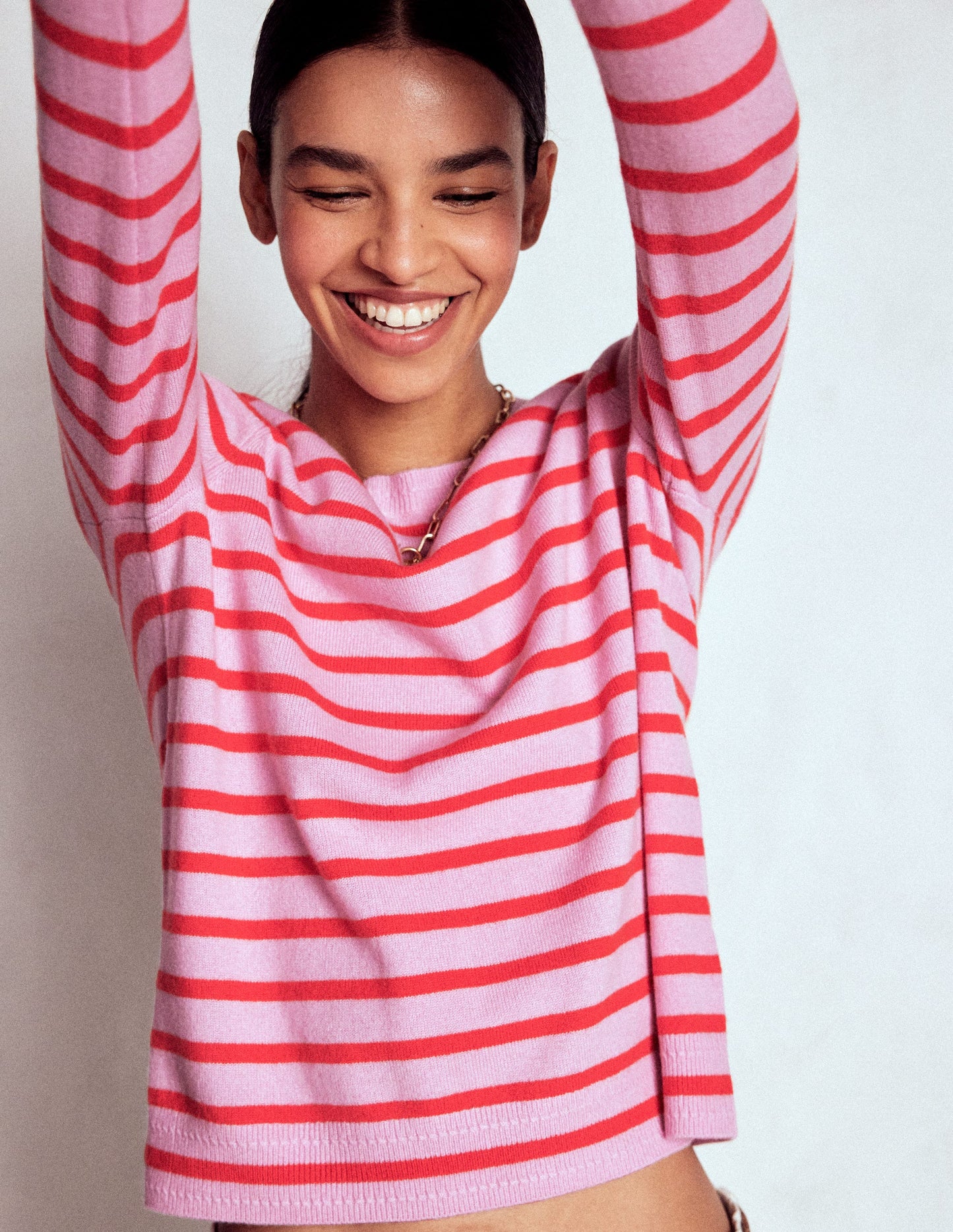 Eva Cashmere Crew Neck Jumper-Pink/ Orange Stripe