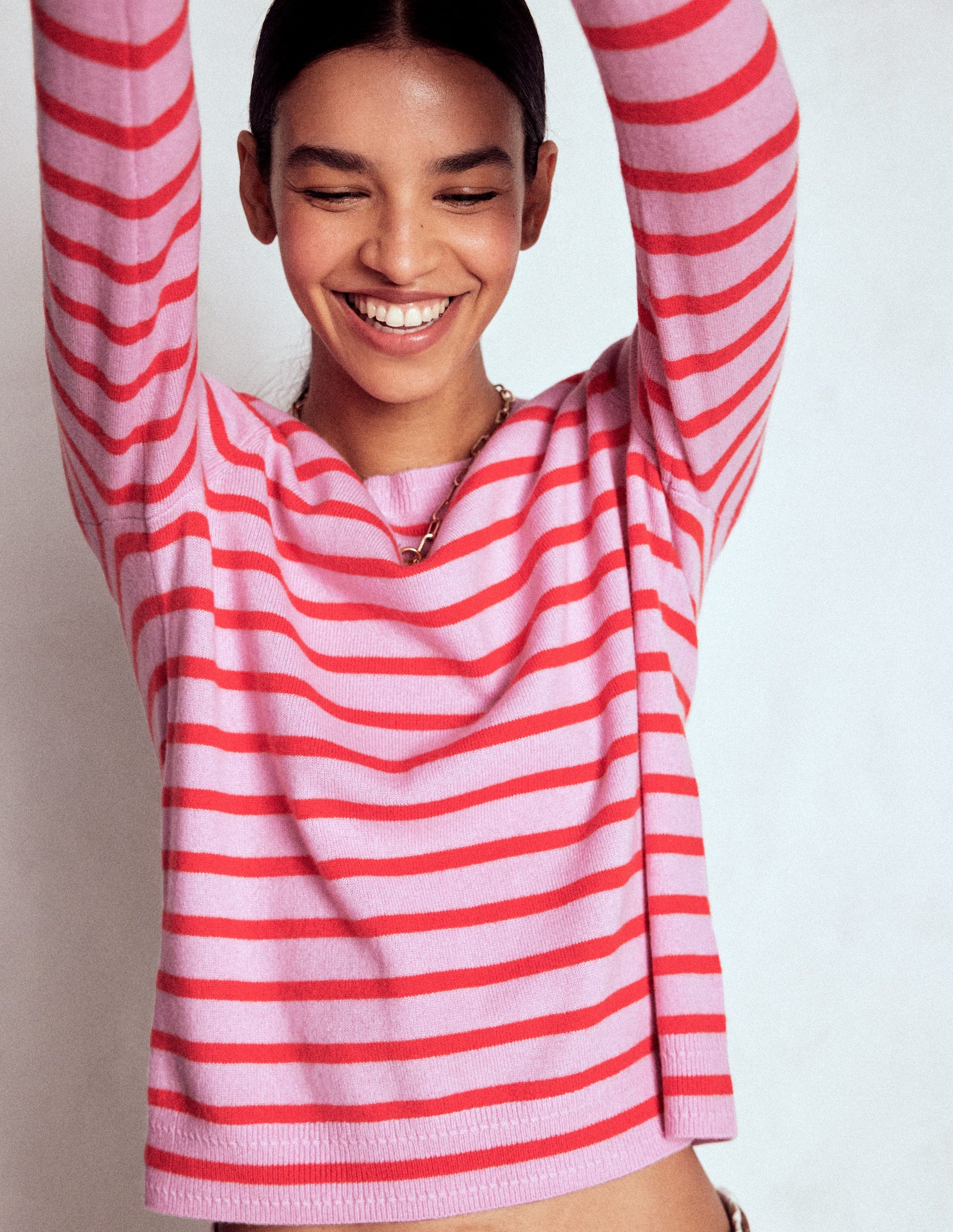 Eva Cashmere Crew Neck Jumper-Pink/ Orange Stripe-2