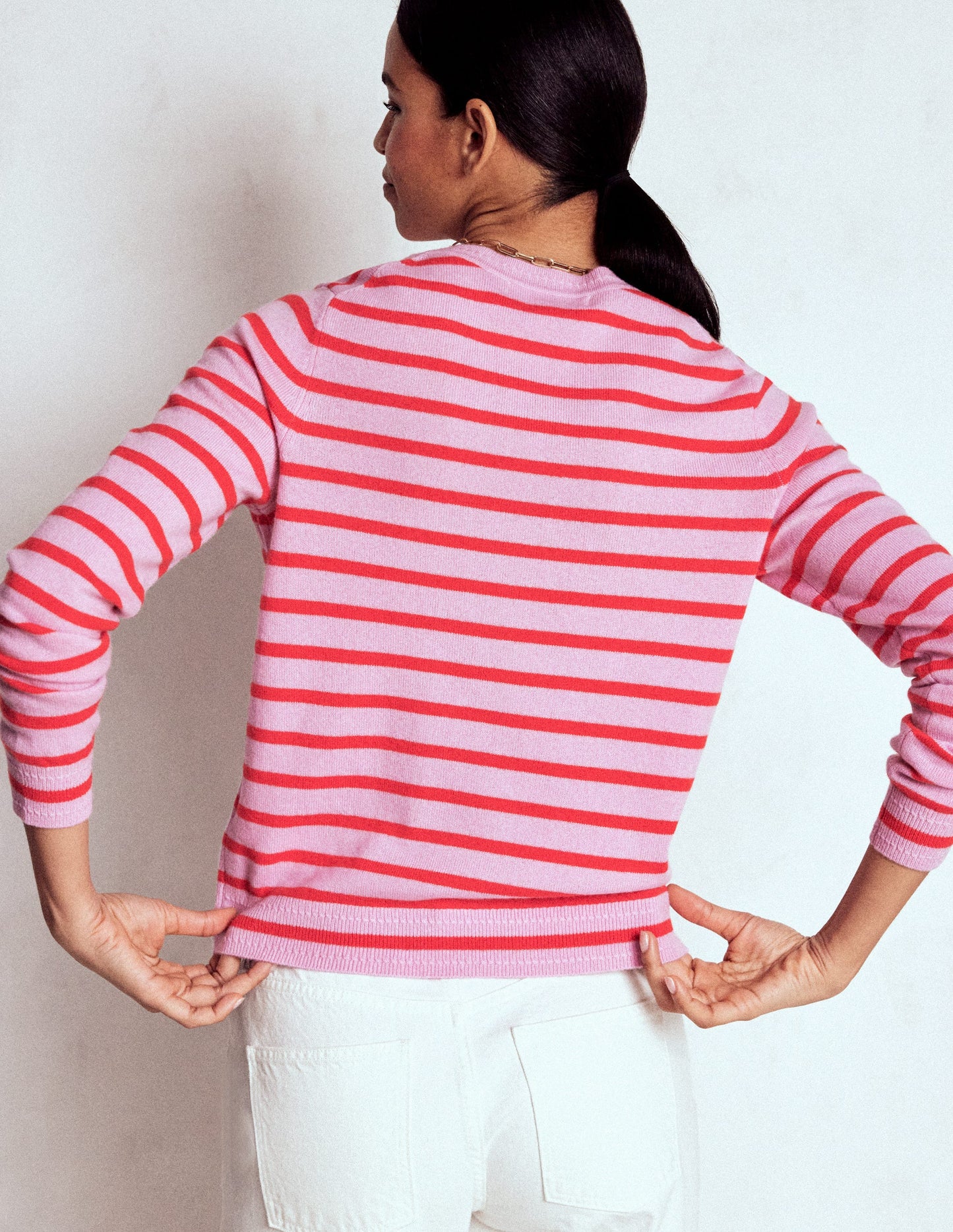 Eva Cashmere Crew Neck Jumper-Pink/ Orange Stripe