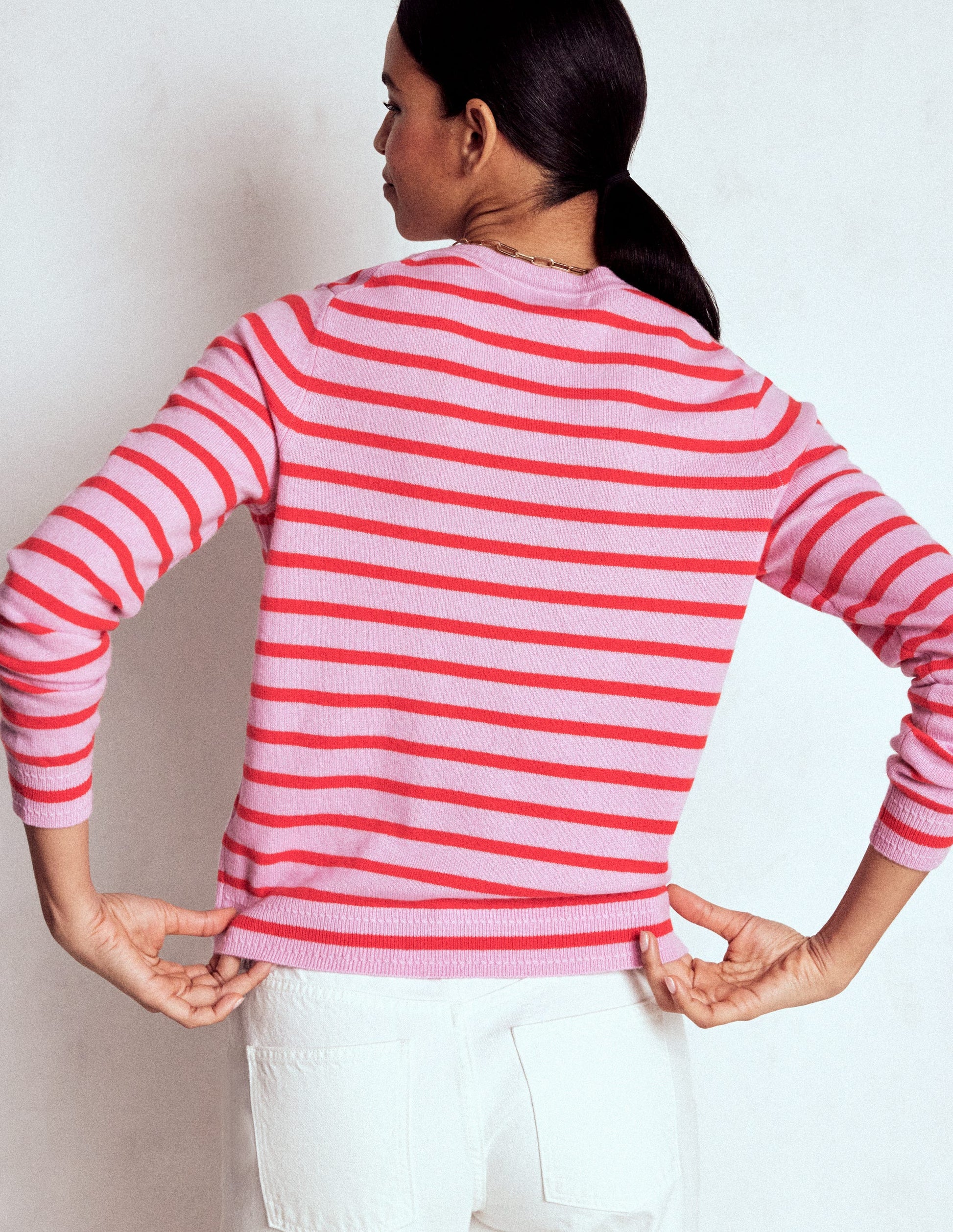 Eva Cashmere Crew Neck Jumper-Pink/ Orange Stripe-3