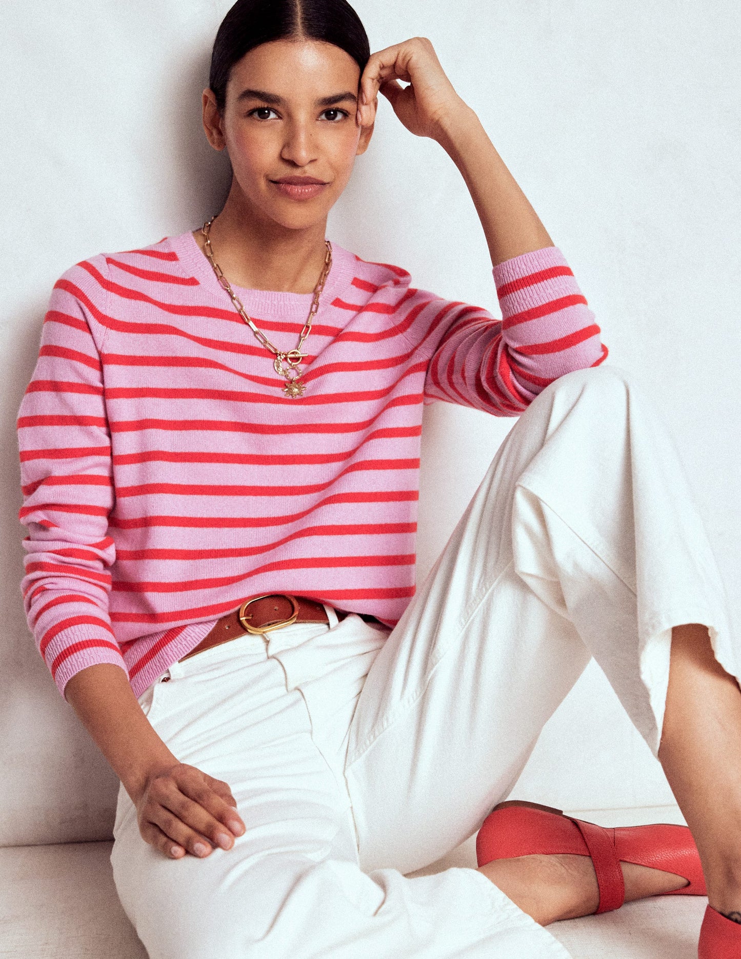 Eva Cashmere Crew Neck Jumper-Pink/ Orange Stripe