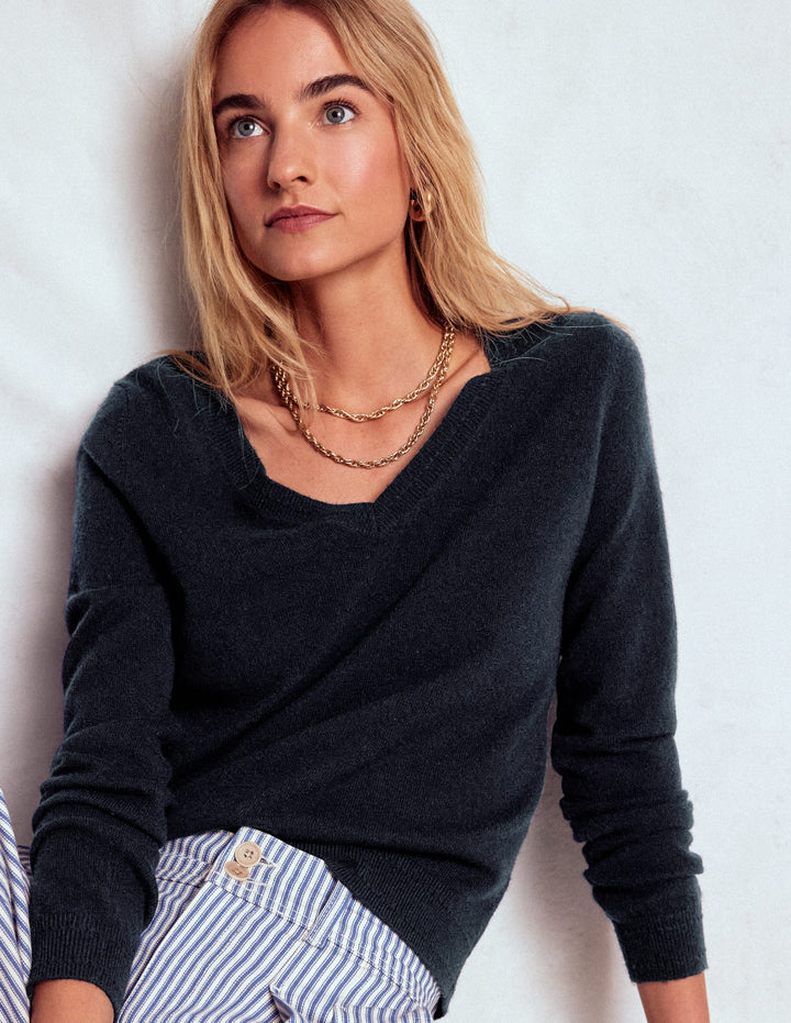 Eva Cashmere V-neck Jumper-Navy