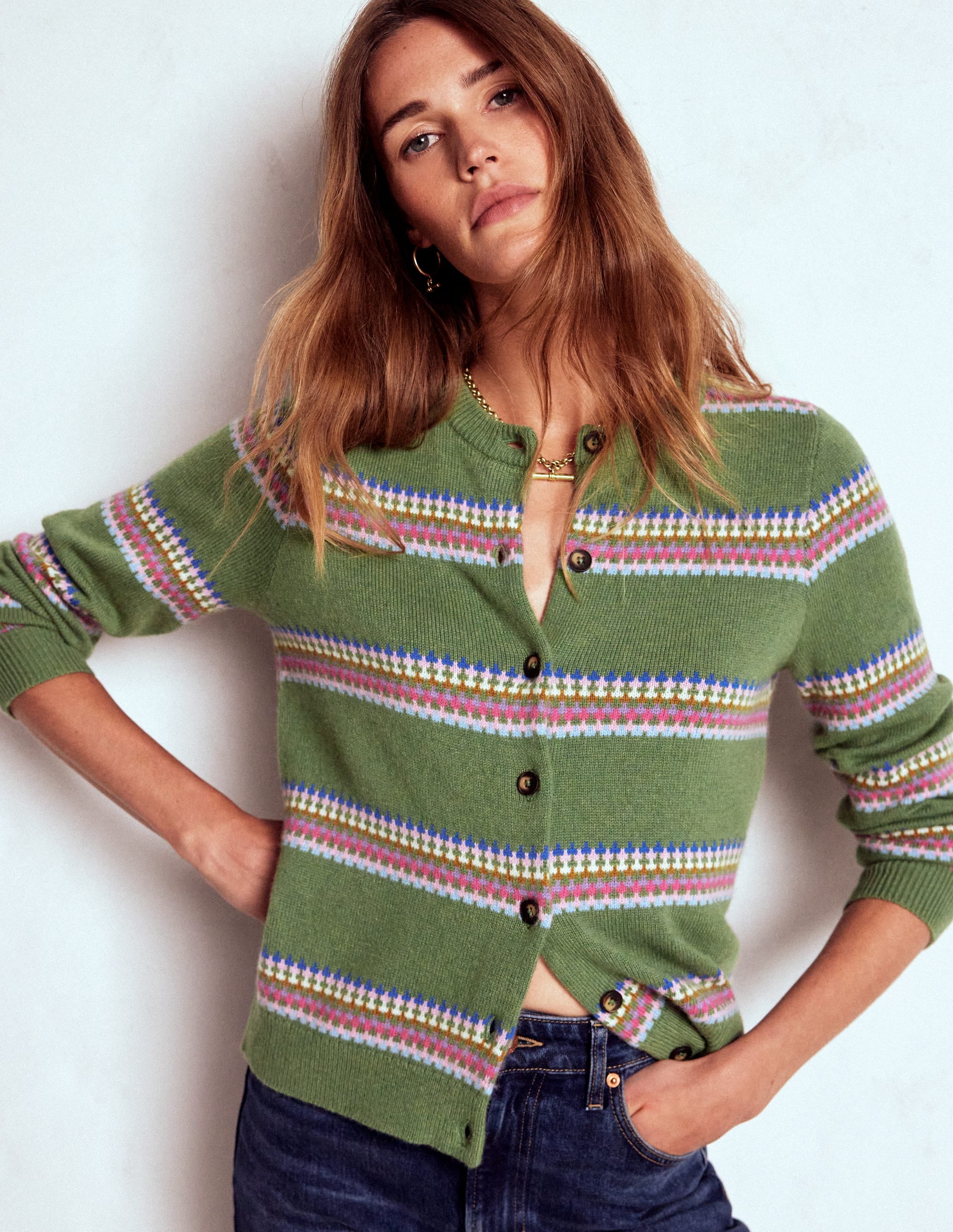 Edie Fair Isle Cardigan-Green, Diamond - Image 2