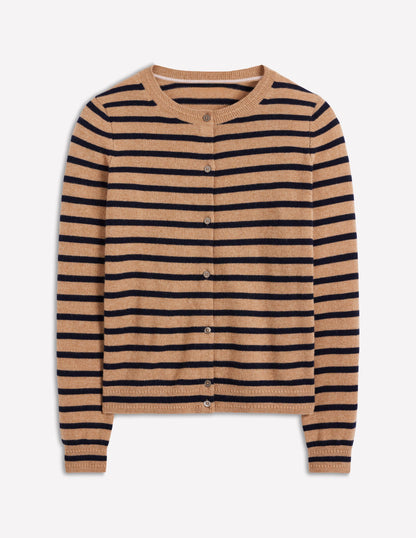 Eva Cashmere Crew Cardigan-Camel Melange/Navy Stripe-7