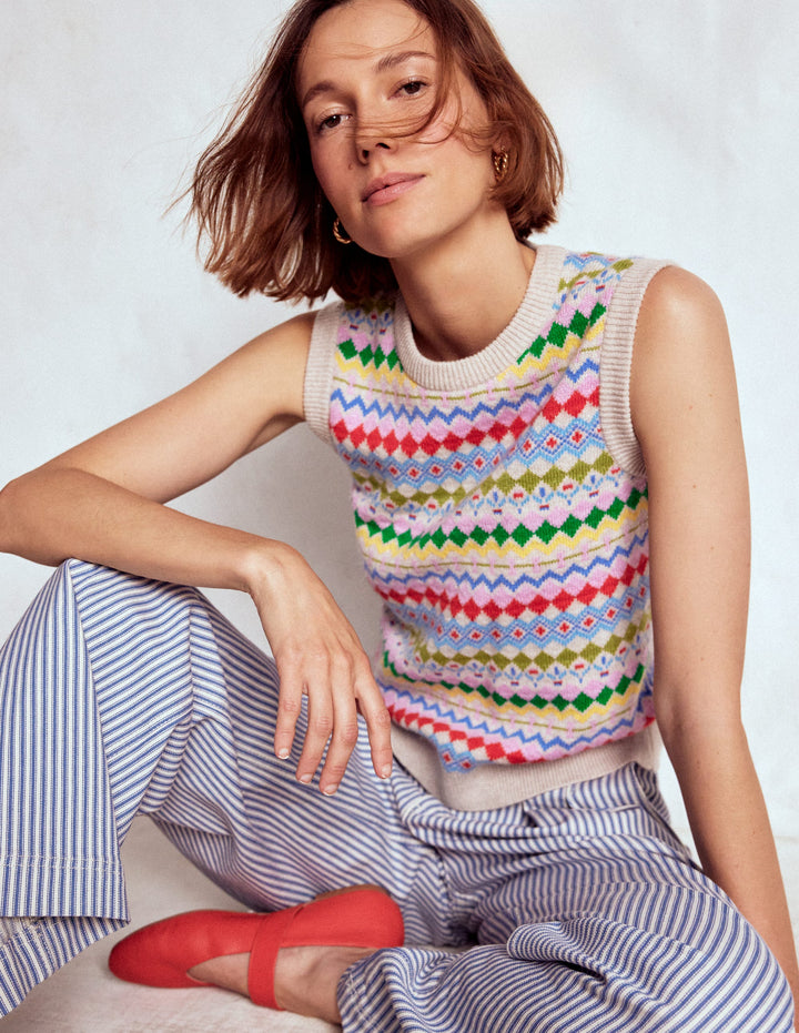 Edie Fair Isle Tank-Oatmeal Melange, Multi