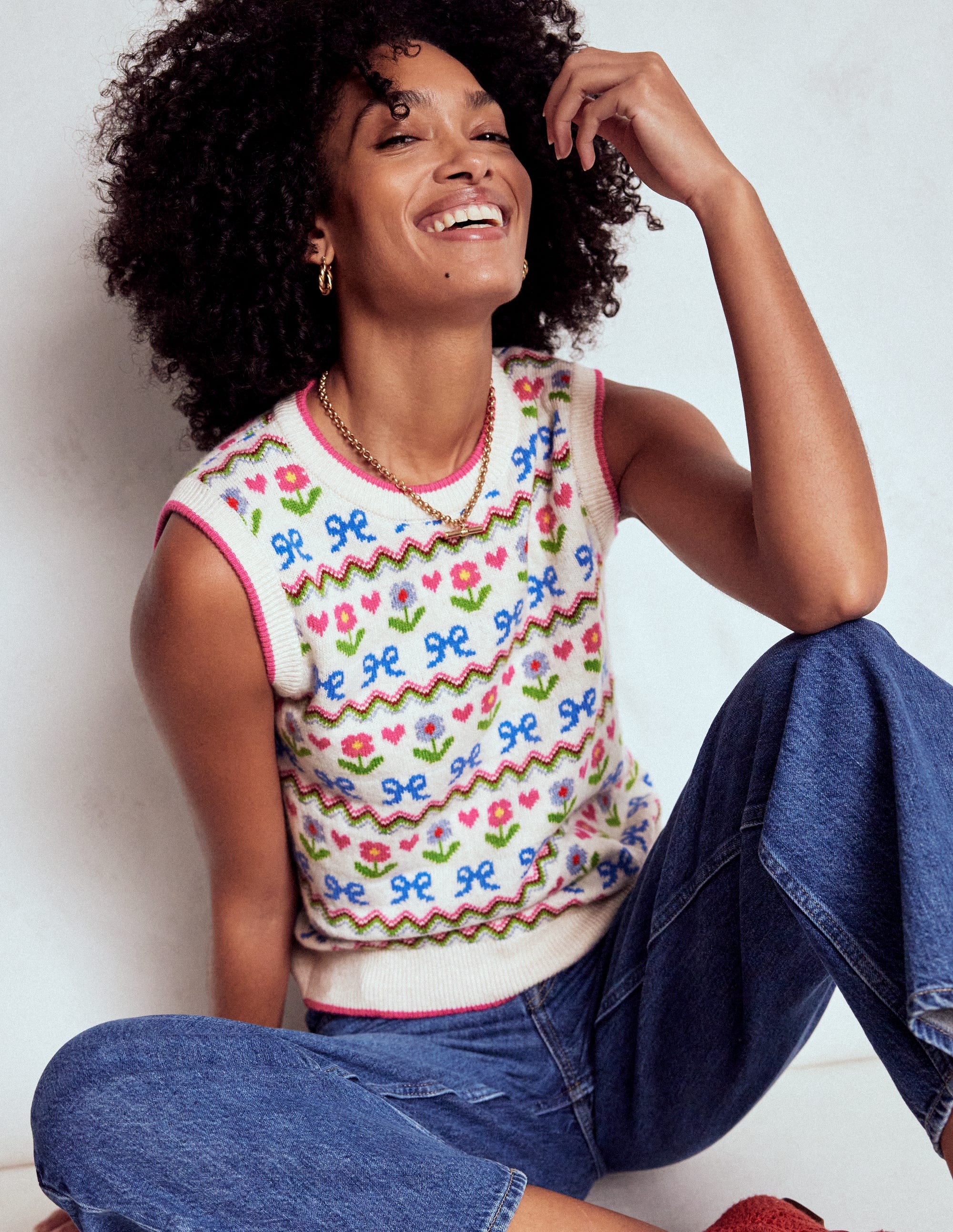 Edie Fair Isle Tank-Oatmeal Melange, Flowers - Image 1