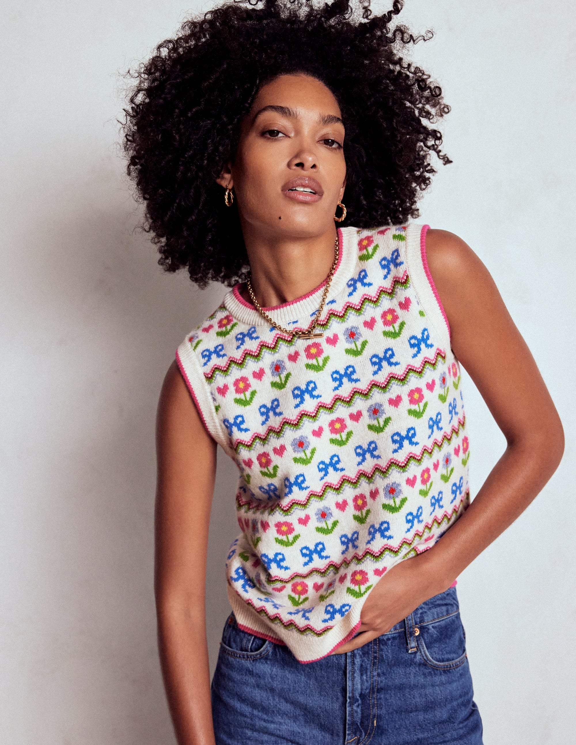 Edie Fair Isle Tank-Oatmeal Melange, Flowers - Image 4
