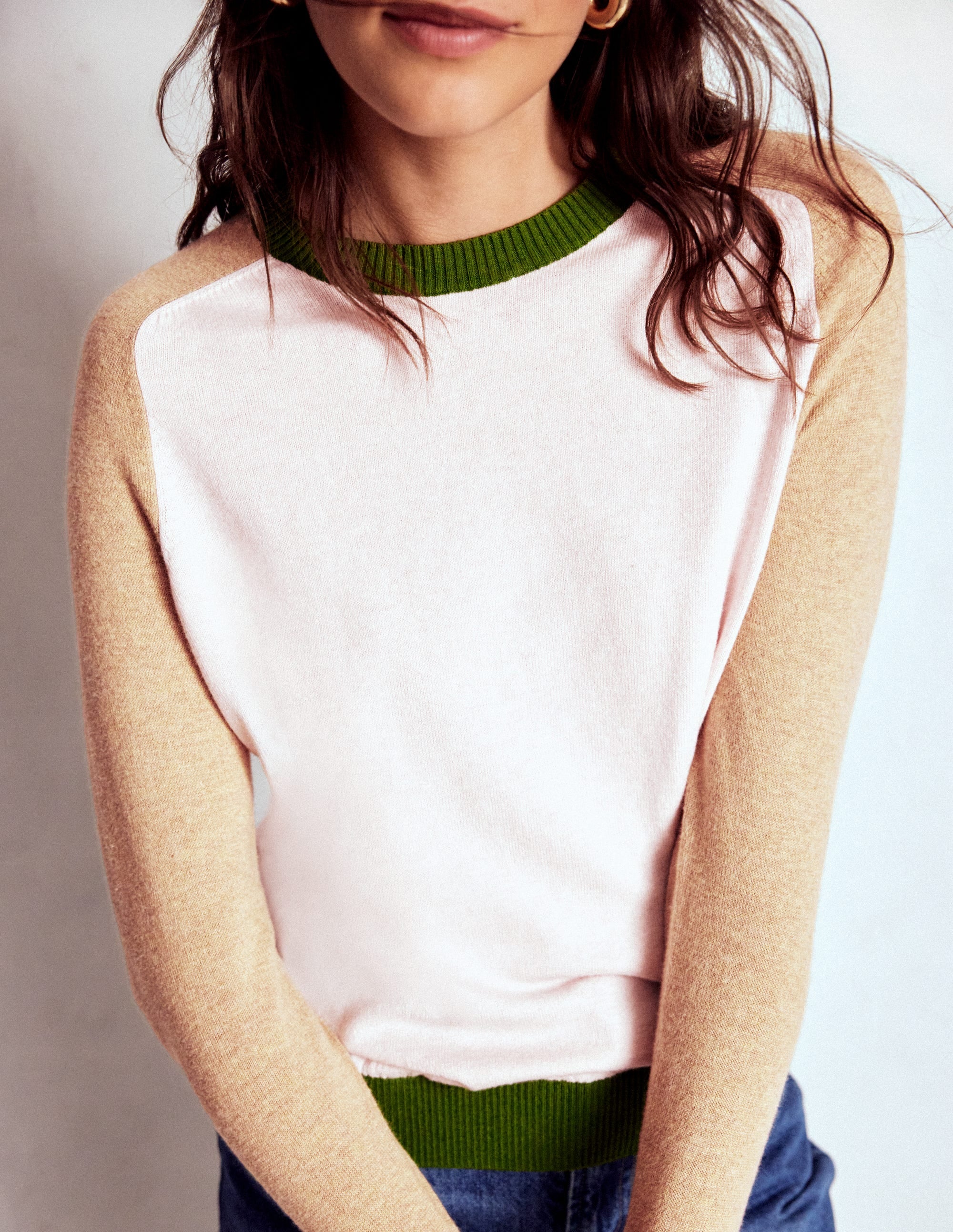 Meg Raglan Sleeve Jumper-Pink, Green Colour Block - Image 1