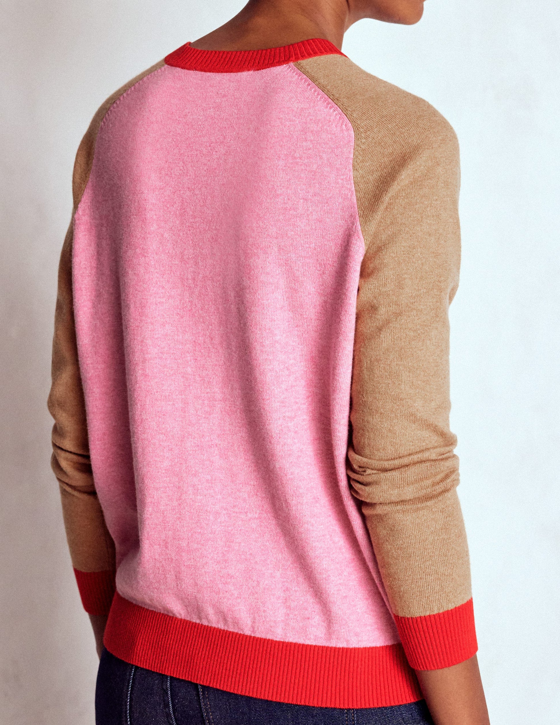Meg Raglan Sleeve Cardigan-Camel, Pink Colour Block-3