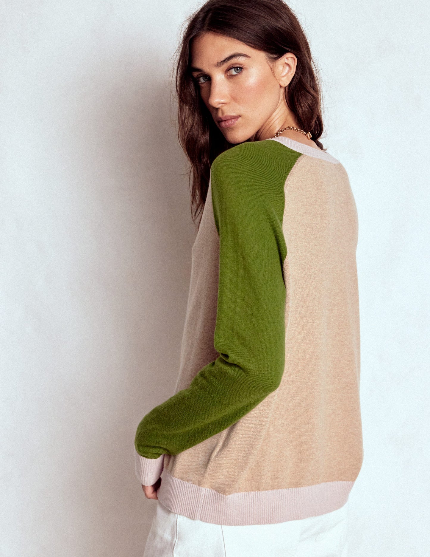 Meg Raglan Sleeve Cardigan-Oatmeal, Green Colour Block