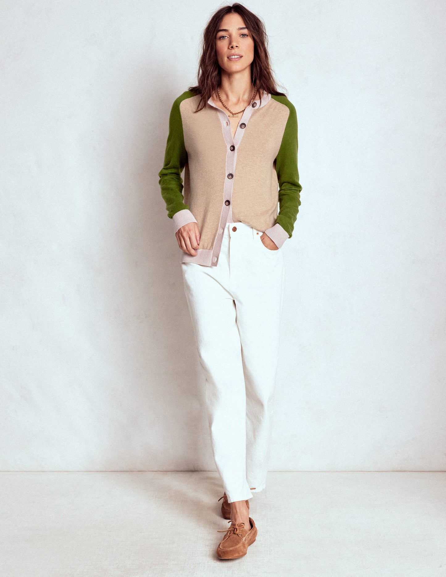 Meg Raglan Sleeve Cardigan-Oatmeal, Green Colour Block