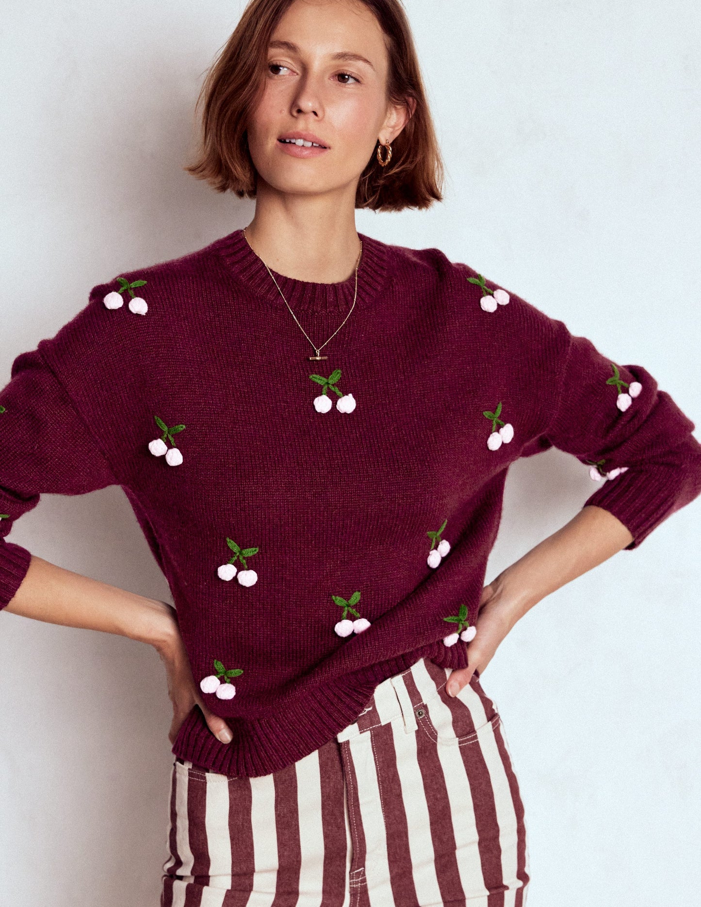Natalie Embroidered Jumper-Chestnut Melange, Cherry