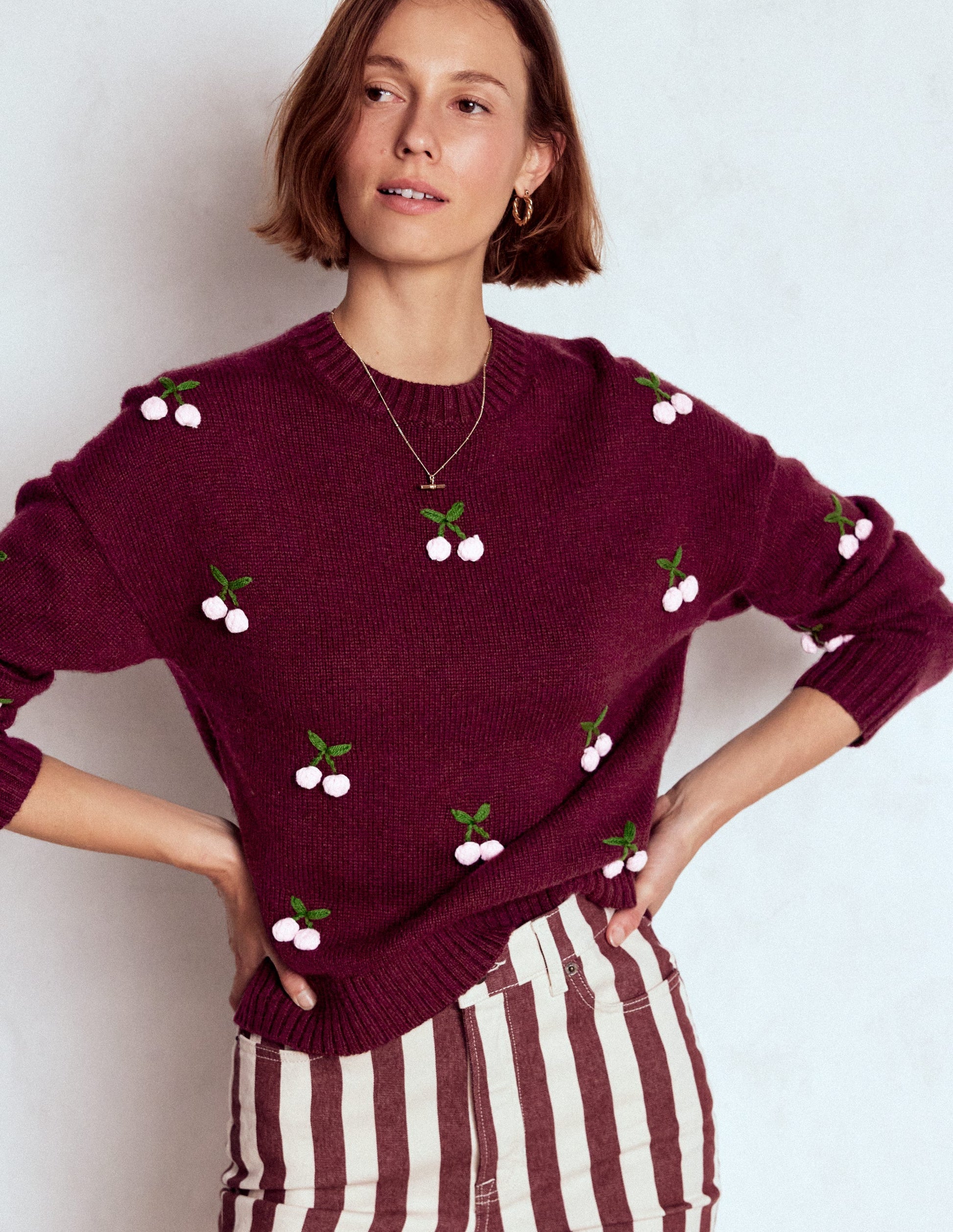 Natalie Embroidered Jumper-Chestnut Melange, Cherry-1