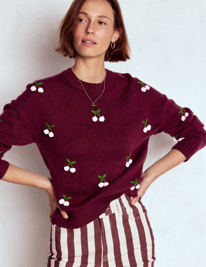 Natalie Embroidered Jumper-Chestnut Melange, Cherry-1