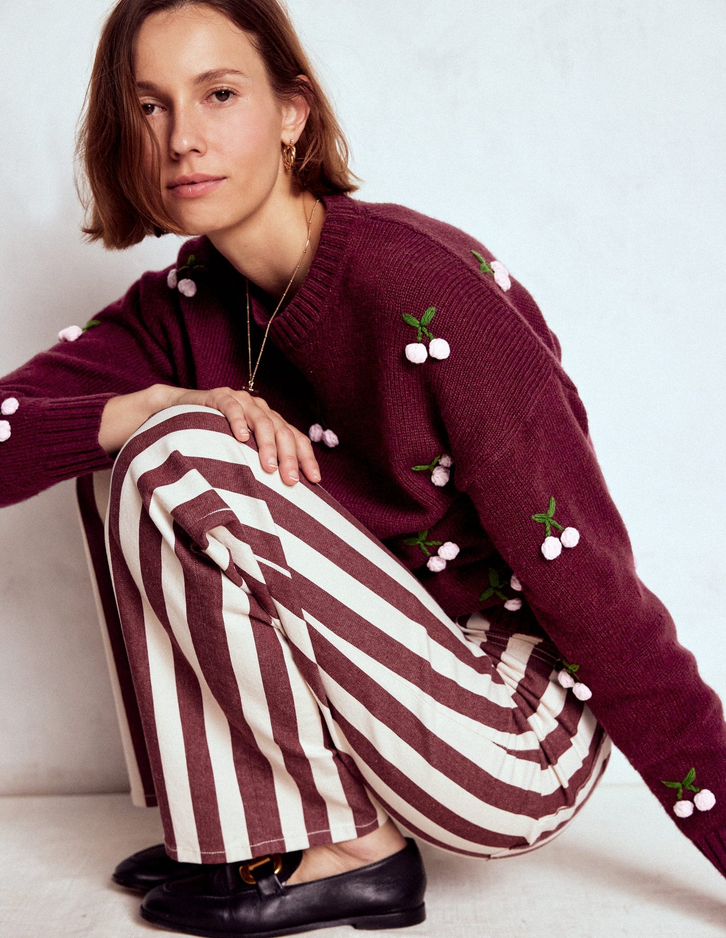 Natalie Embroidered Jumper-Chestnut Melange, Cherry