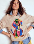 Natalie Embroidered Jumper-Oatmeal Melange, Daschund