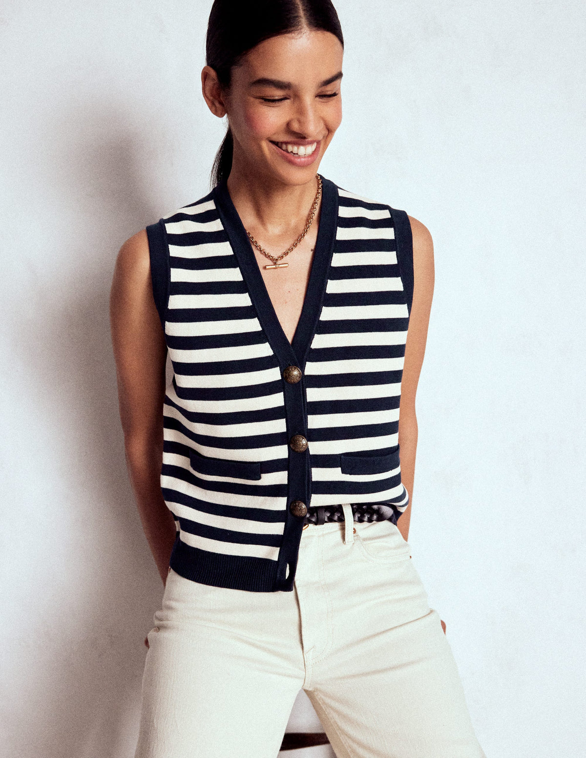 Holly Knitted Waistcoat-Navy and Ivory Stripe - Image 1