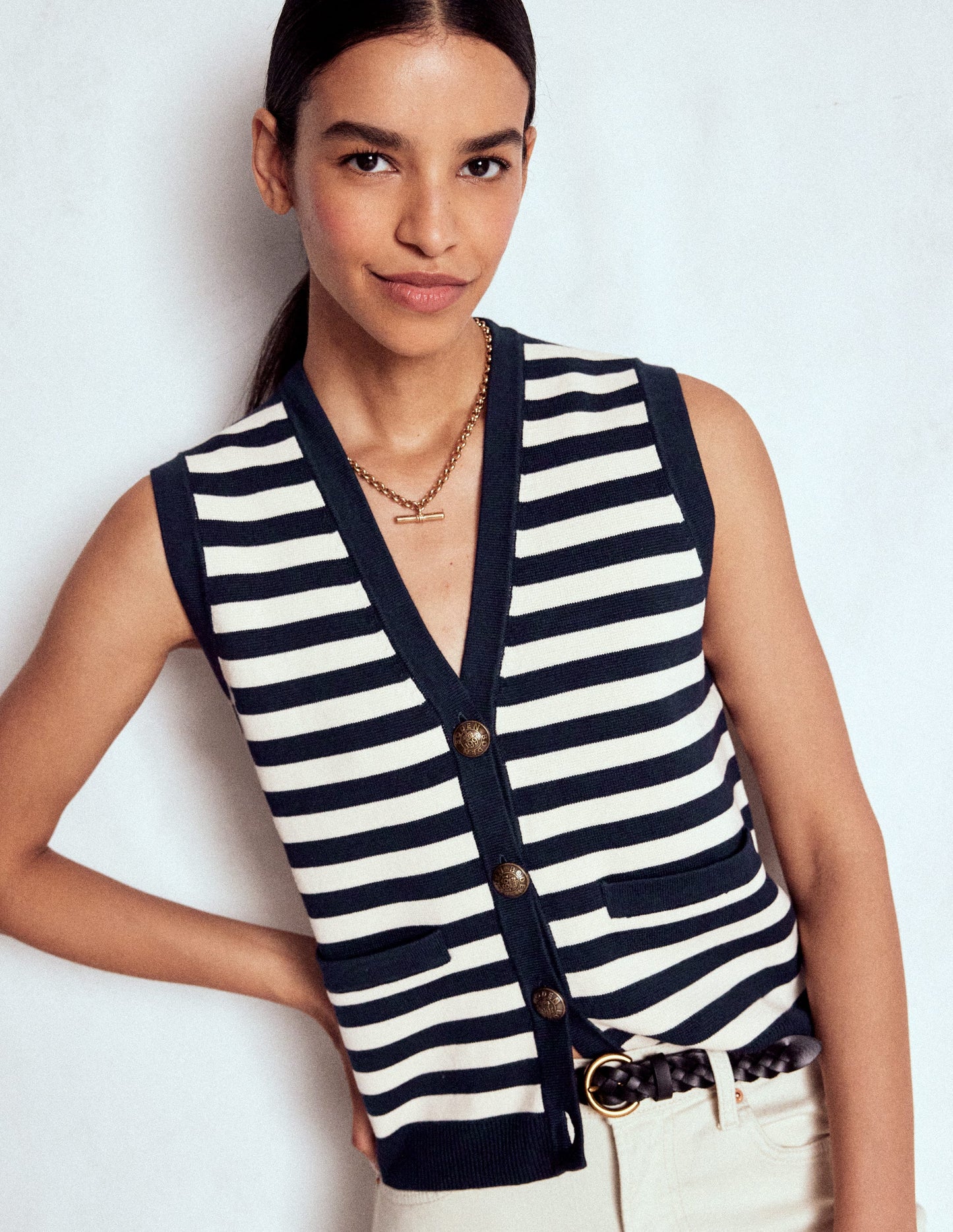 Holly Knitted Waistcoat-Navy and Ivory Stripe