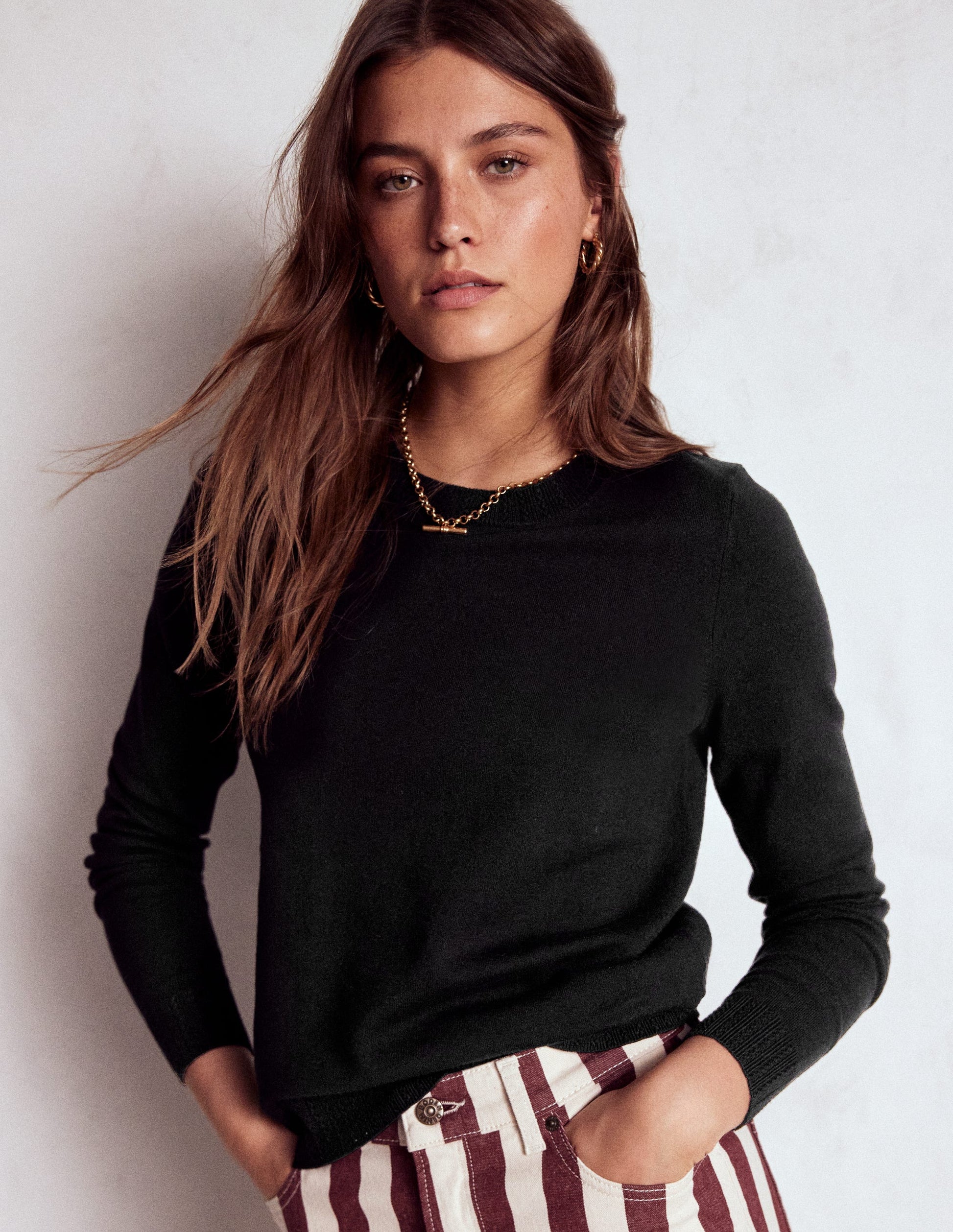 Emilia Cotton Crew Jumper-Black Boden UK - Main Image