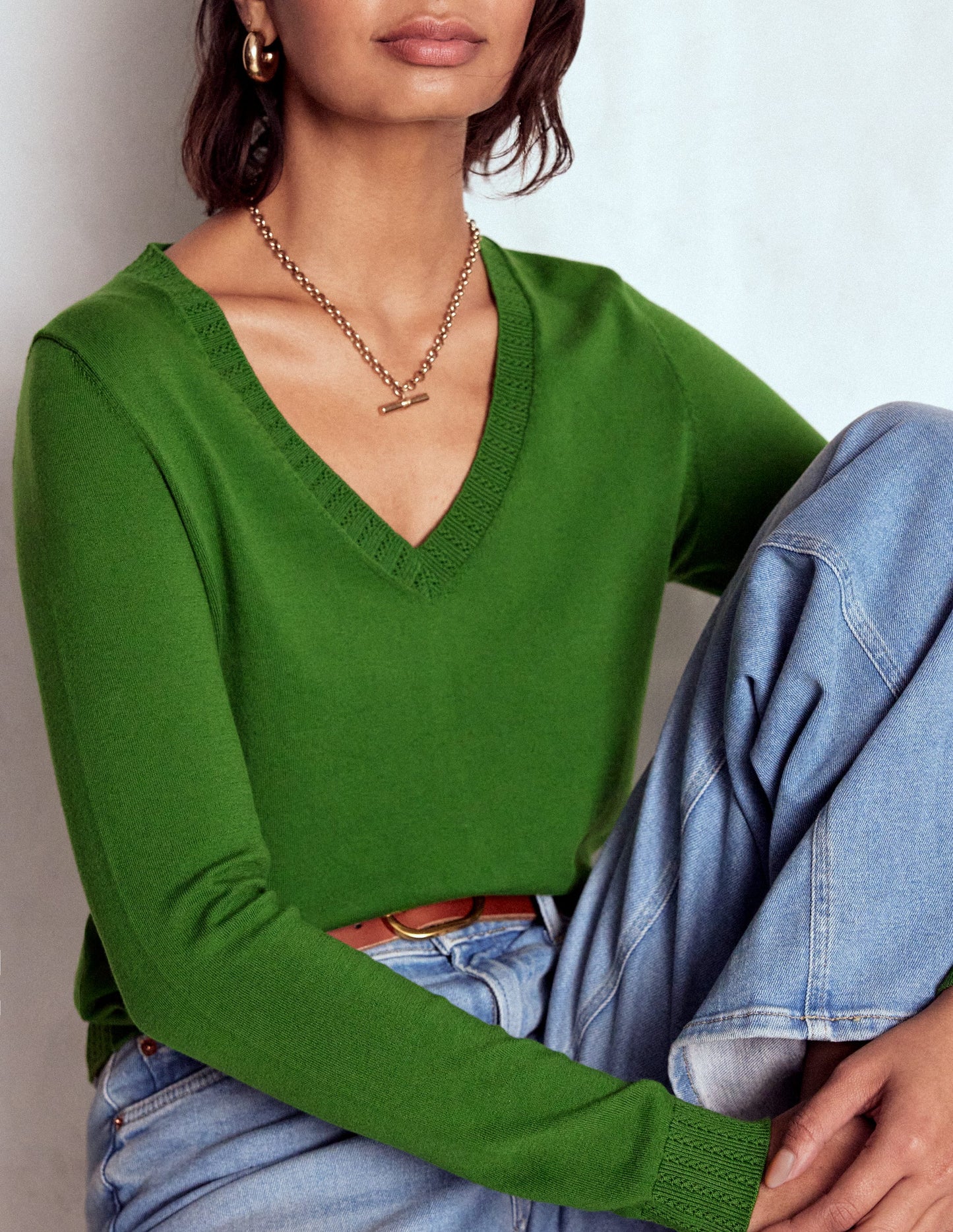 Emilia Cotton V-Neck Jumper-Promenade Green Boden UK