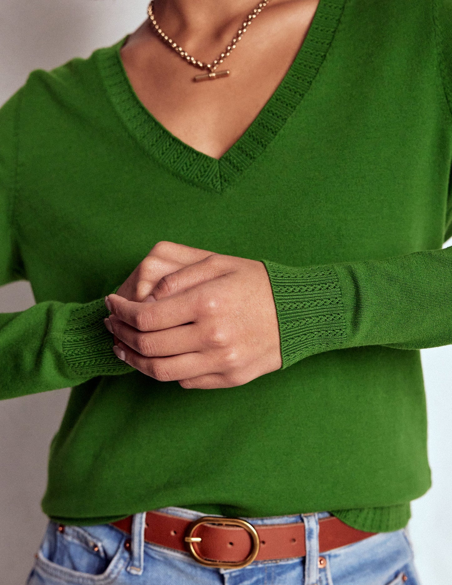 Emilia Cotton V-Neck Jumper-Promenade Green