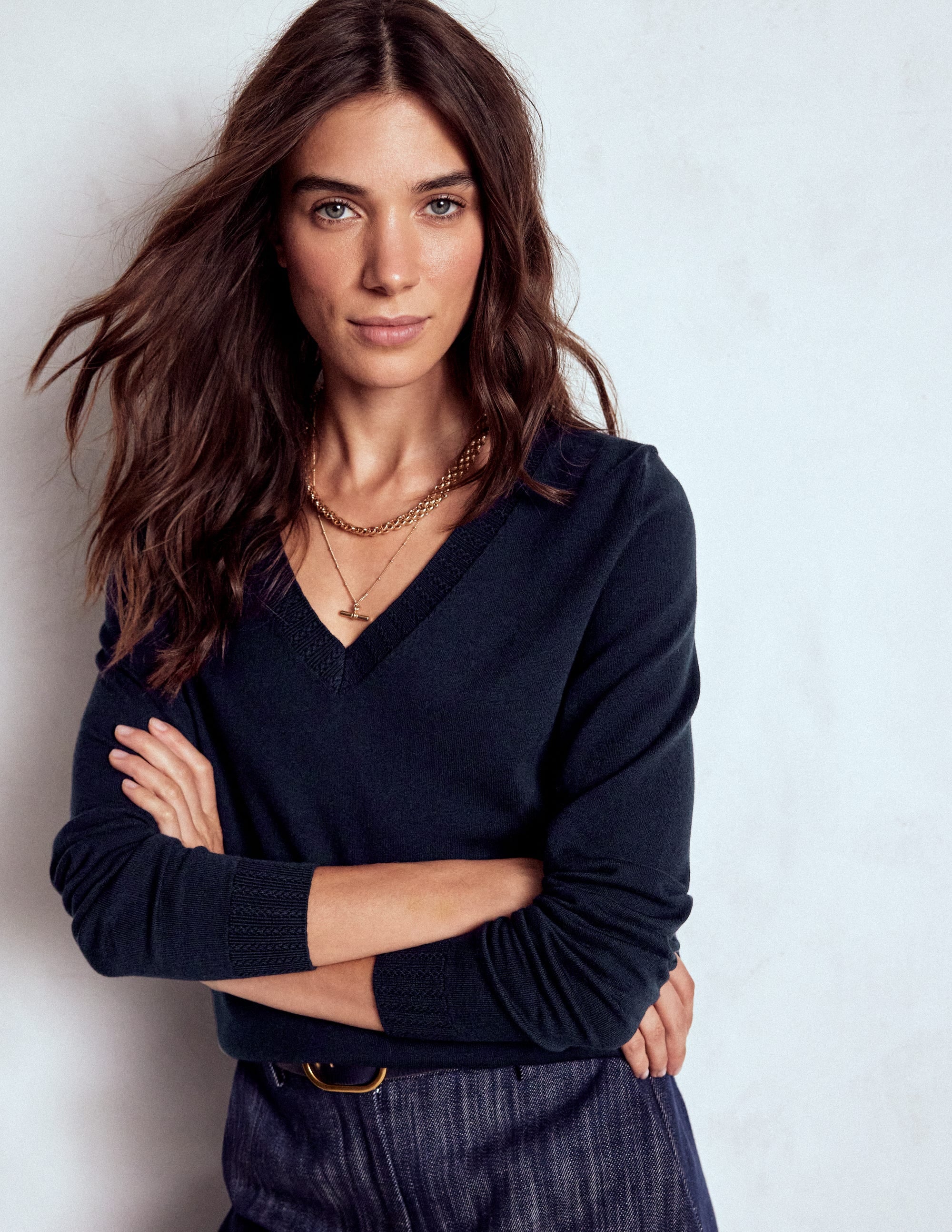 Emilia Cotton V-Neck Jumper-Navy | Boden UK