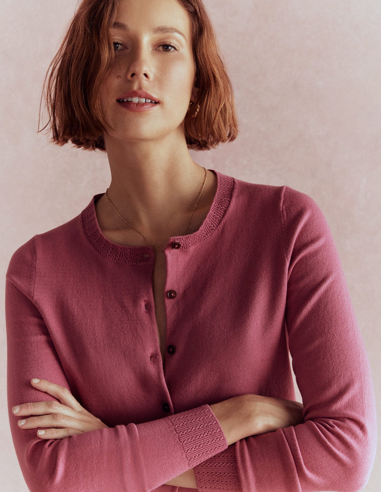 Emilia Cotton Crew Cardigan-Pink Heather
