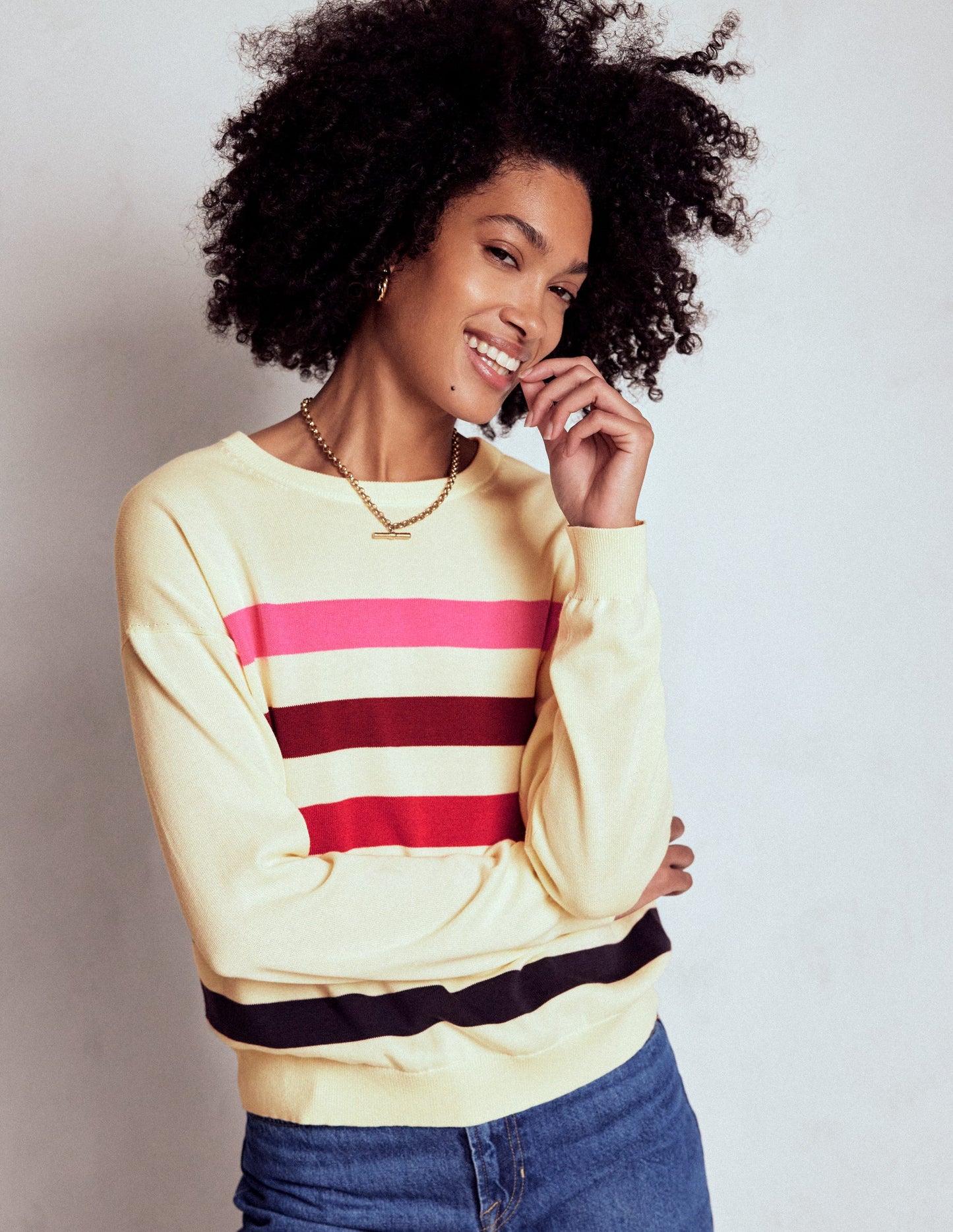 Lara Relaxed Cotton Jumper-Ivory, Multi Stripe