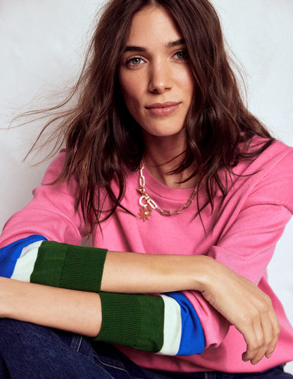 Lara Relaxed Cotton Jumper-Pink Lemonade, Cuff Stripe-1
